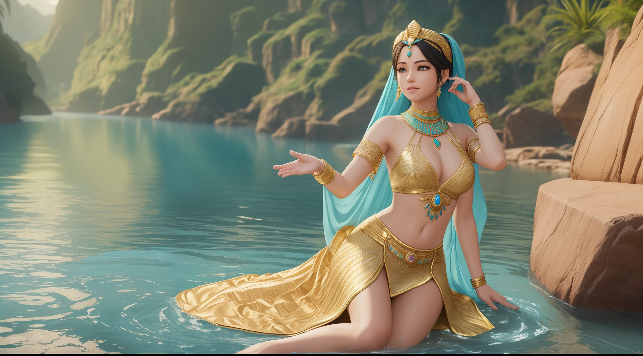 (extremely detailed CG unity 8k wallpaper,masterpiece, best quality, ultra-detailed),floating, goddess, shining, water goddess, Egyptian style, turquoise silk dress, gold jewelry, godlike, water, river, lotus, divine light.