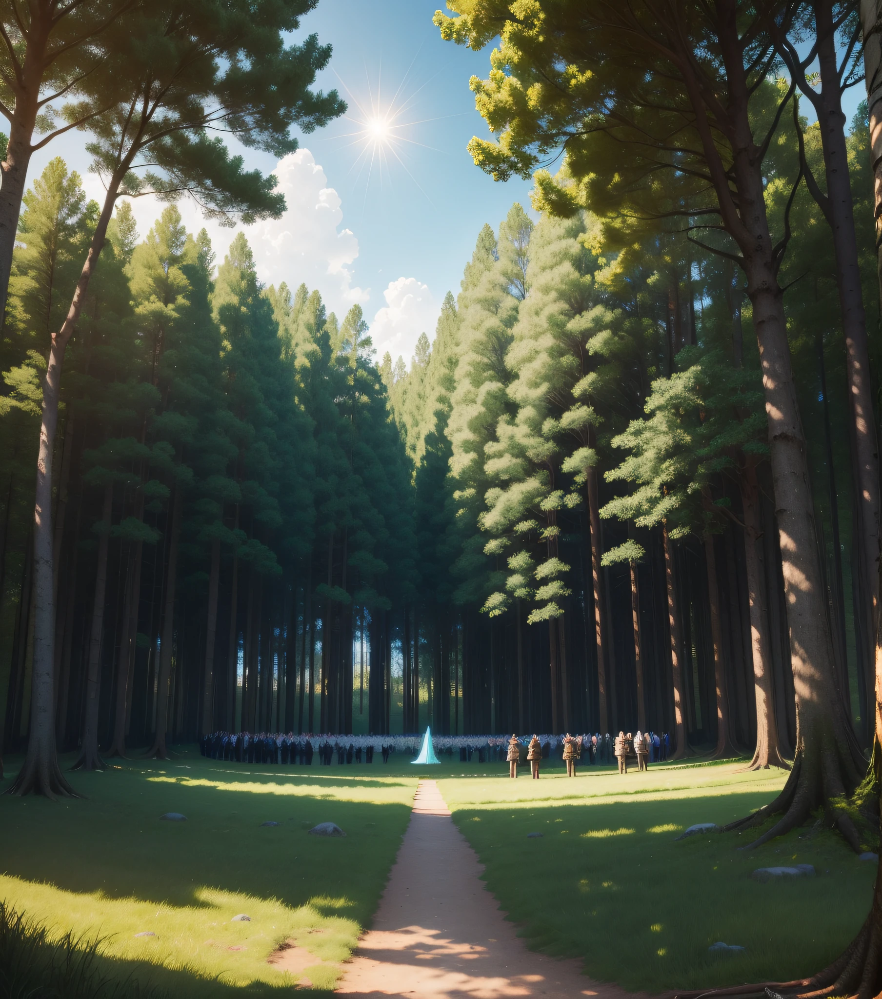 Epic setting: A wide open field in the enchanted forest. The surrounding trees form a natural barrier, while the sun shines brightly in the sky. The place is full of energy, ((with magical beings)) preparing for battle. There is an atmosphere of tension in the air, with the heroes gathering to face the ((evil sorcerer)). The battlefield becomes the stage where courage and magic meet.