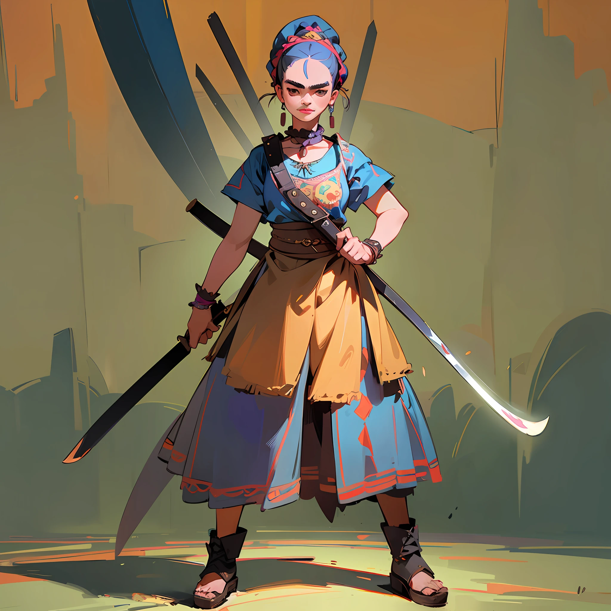 1girl, middle age woman with dual machetes, high quality, best quality, ((frida kahlo)), full body pose --auto --s2