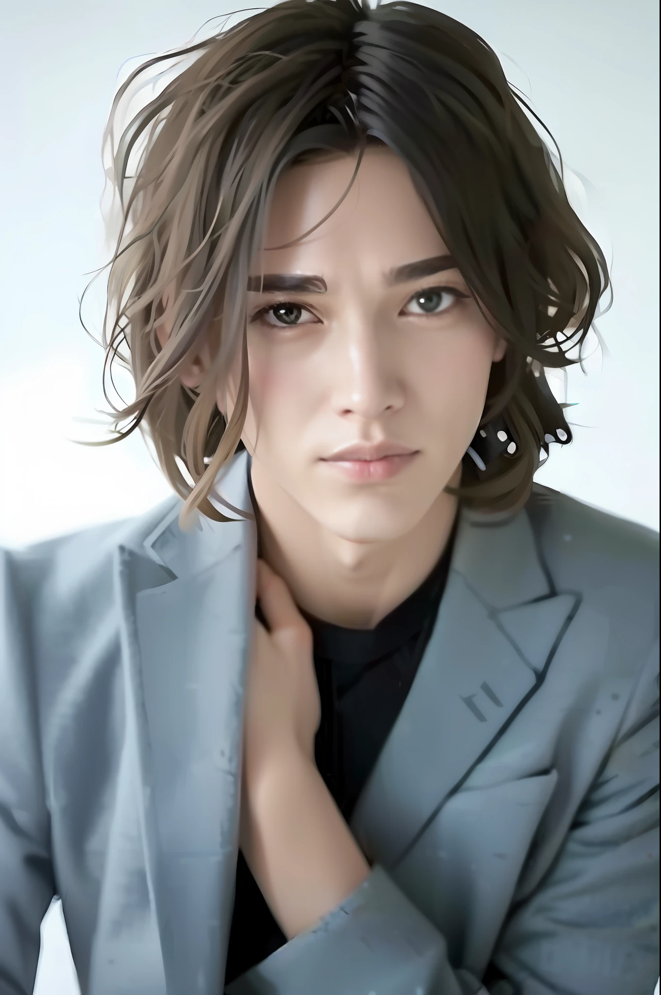 arafed image of a woman with a gray jacket and black shirt, frank dillane, beautiful androgynous prince, androgyny, androgynous face, androgynous person, androgynous male, delicate androgynous prince, amanda clarke, beautiful androgynous girl, fubuki, elliot alderson, attractive androgynous humanoid --auto --s2