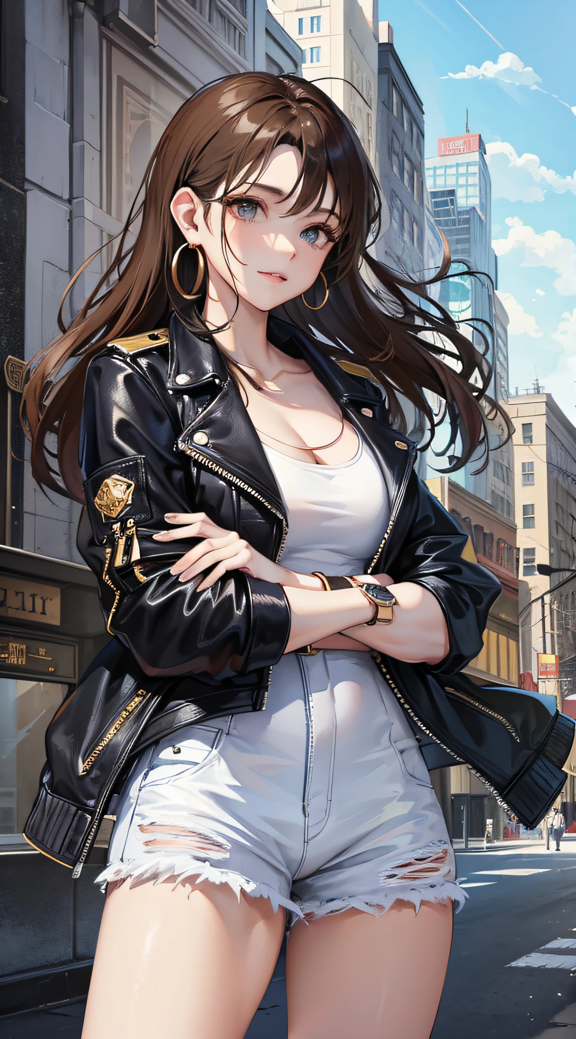 Highly detailed, high quality, masterpiece, 1 woman, upright, (casual wear: 1.1), (cleavage), white T-shirt, blue jeans, sneakers, black leather jacket draped over shoulders, (accessories: 1.2), gold hoop earrings, brown leather watch, natural makeup, slight smile, arms crossed in front of her, (city view: 0.9), buildings and characters in the background, outdoors, sunny day.
