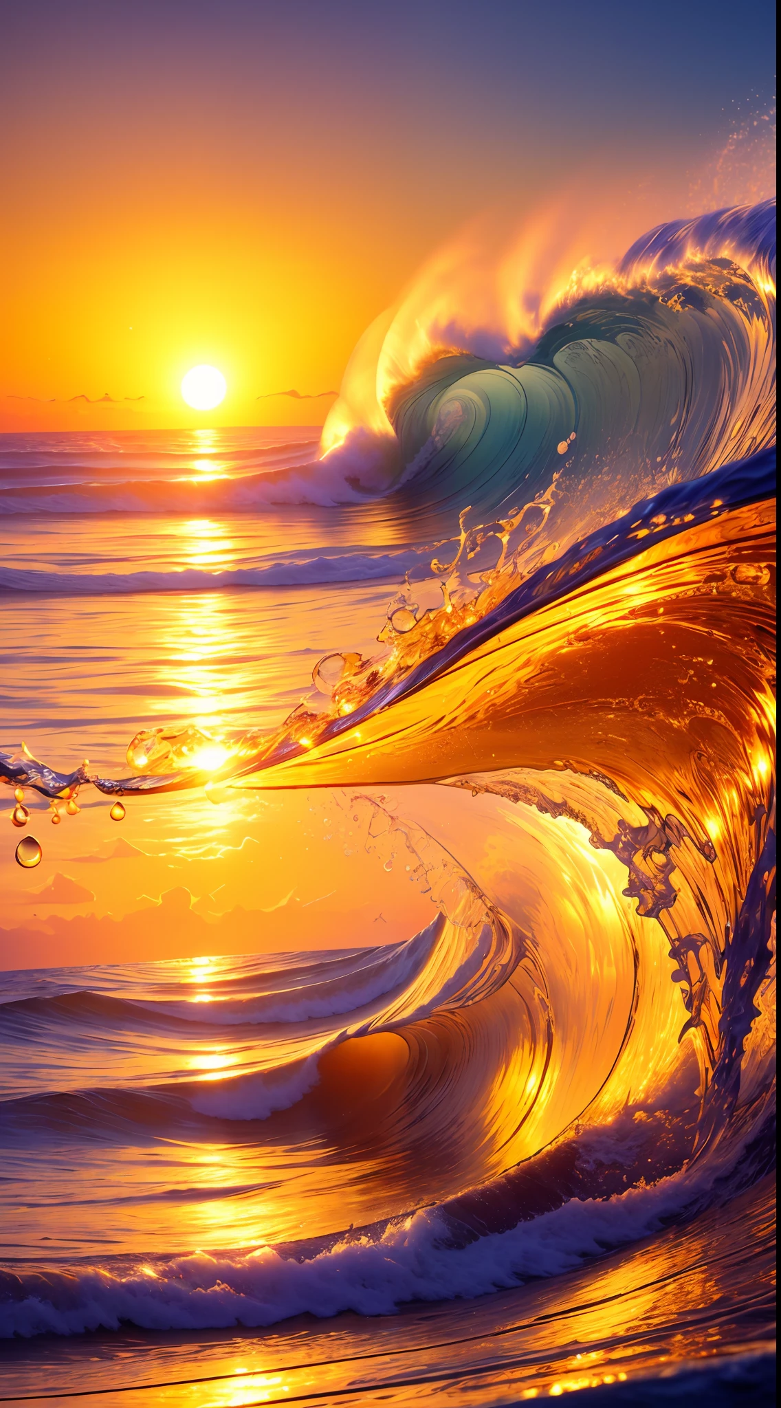 Masterpiece, best quality, (8k very detailed CG unit wallpaper) (best quality), (best illustration), (best shadows) a golden sea wave, bright orange aol sunset through the wave, golden droplets flying, (:1.6)