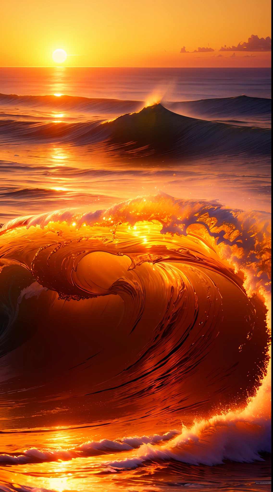 Masterpiece, best quality, (8k very detailed CG unit wallpaper) (best quality), (best illustration), (best shadows) a golden sea wave, bright orange aol sunset through the wave, golden droplets flying, (:1.6)