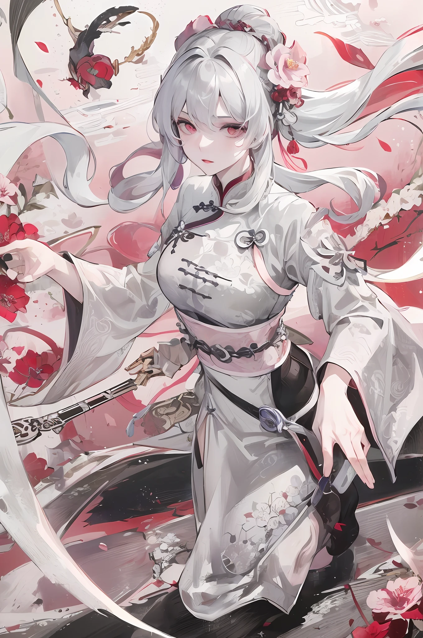 Masterpiece, Best, Night, Full Moon, 1 Female, Mature Woman, Chinese Style, Ancient China, Elder Sister, Royal Sister, Cold Face, Expressionless, Silver White Long Haired Woman, Pale Pink Lips, Calm, Intellectual, Three Belts, Gray Hitomi, assassin, dagger, flower ball background, street view