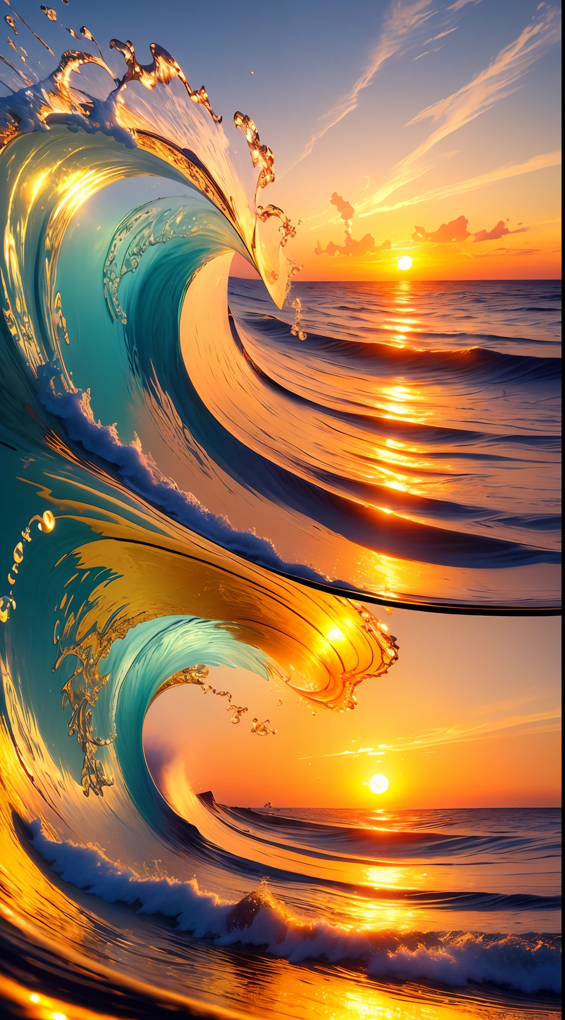 Masterpiece, best quality, (8k very detailed CG unit wallpaper) (best quality), (best illustration), (best shadows) a golden sea wave, bright orange aol sunset through the wave, golden droplets flying, (:1.6)