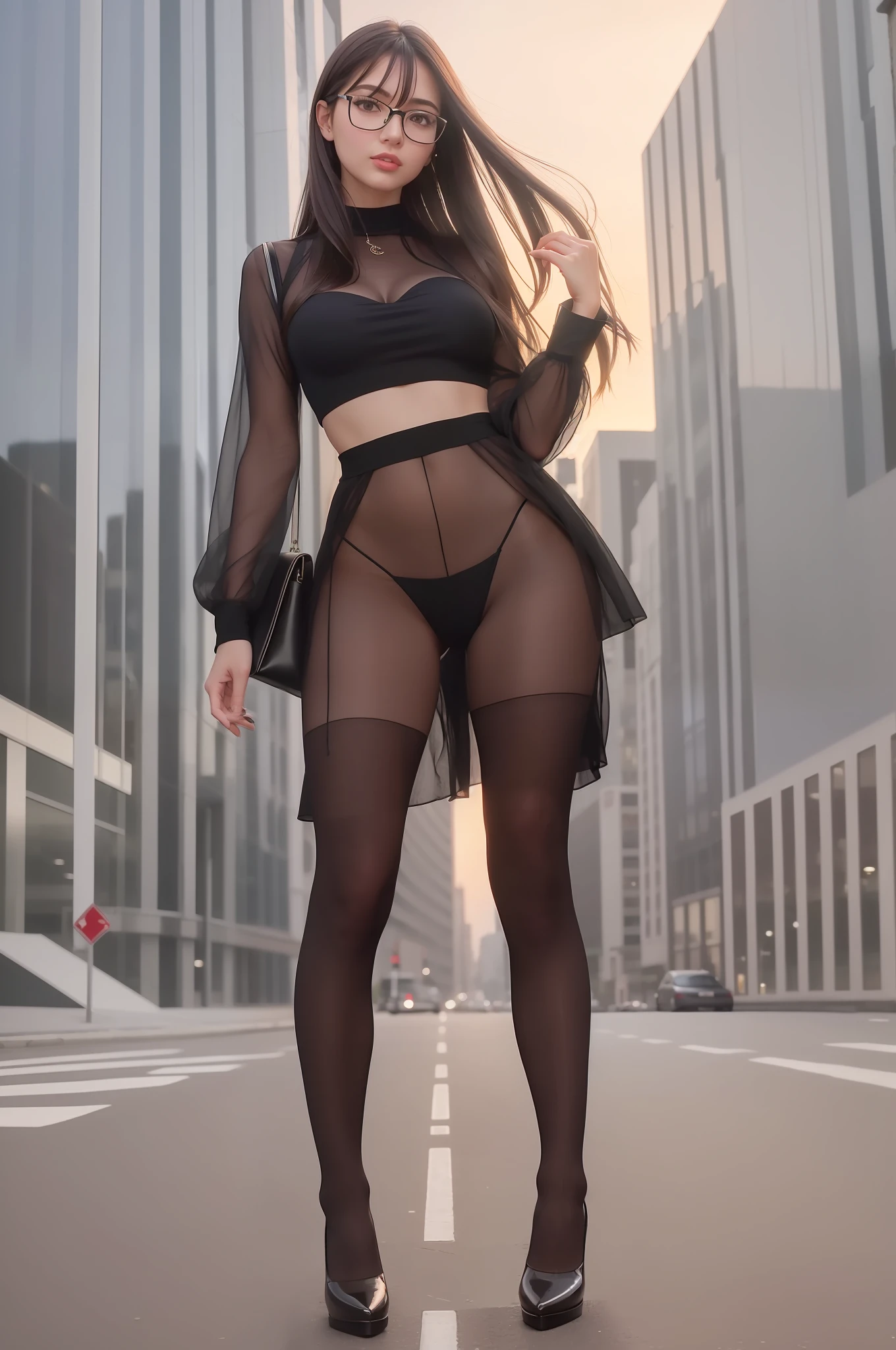 Best quality, super high resolution, (realism: 1.4), 1girl, masterpiece, outdoor, full body, delicate face, delicate eyes, wearing glasses, ears, (pretty), large breasts, serious expressions, elegant movements, sexy movements, black transparent pantyhose, long legs, city night, city streets, soft lights.