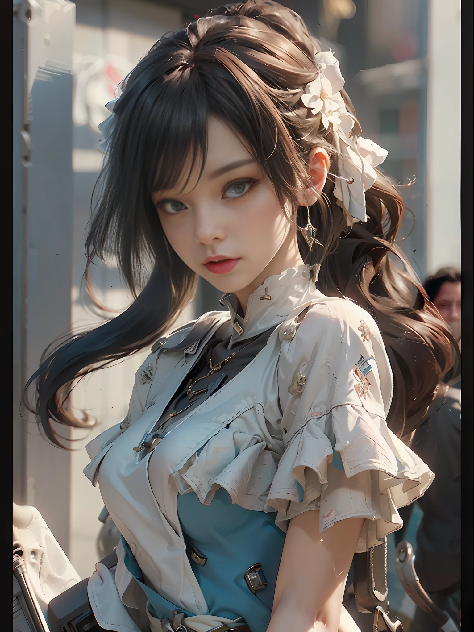 ((Best Quality)), ((Masterpiece)), (Details: 1.4), 3D, Bust, ((Facing Square)), (Body Facing Viewer), A Beautiful Cyberpunk Female Image Facing the Viewer, ((Small Breast, Small Head)), ((Bust Photo)), (Upper Body), (Perfect Figure: 1.1), (Perfect Face), (Perfect Eyes), (Perfect Fingers), (Long Straight Hair: 1.2), Golden Hair, Collar, Chain, Bust Shot, , Face the Viewer, Gloves, (Extremely Detailed CG 8k Wallpaper), (Extremely Delicate and Beautiful), (Masterpiece), (Best Quality: 1.0), (Ultra High Resolution: 1.0), Beautiful Lighting, Realistic Shadows, [High Resolution], Detailed Skins, Ultra Detailed, HDR (High Dynamic Range), Ray Tracing, NVIDIA RTX, Super-Resolution, Unreal 5, Subsurface Scattering, PBR Textures, Post-processing, Anisotropic Filtering, Depth of Field, Maximum Clarity and Sharpness, Multi-Layer Textures, Albedo and Highlight Mapping, Surface Shading, Accurate Simulation of Light-Material Interactions, Perfect Proportions, Octane Render, Bi-color Light, Large Aperture, Low ISO, White Balance, Rule of Thirds, 8K RAW,