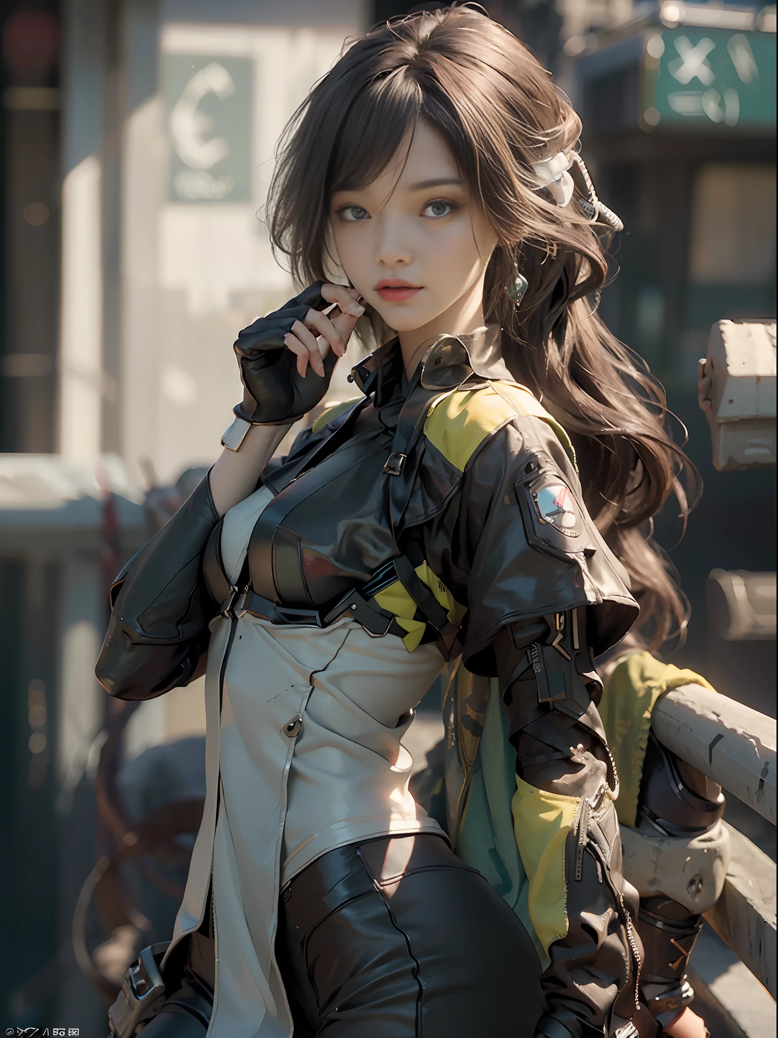 ((Best Quality)), ((Masterpiece)), (Details: 1.4), 3D, Bust, ((Facing Square)), (Body Facing Viewer), A Beautiful Cyberpunk Female Image Facing the Viewer, ((Small Breast, Small Head)), ((Bust Photo)), (Upper Body), (Perfect Figure: 1.1), (Perfect Face), (Perfect Eyes), (Perfect Fingers), (Long Straight Hair: 1.2), Golden Hair, Collar, Chain, Bust Shot, , Face the Viewer, Gloves, (Extremely Detailed CG 8k Wallpaper), (Extremely Delicate and Beautiful), (Masterpiece), (Best Quality: 1.0), (Ultra High Resolution: 1.0), Beautiful Lighting, Realistic Shadows, [High Resolution], Detailed Skins, Ultra Detailed, HDR (High Dynamic Range), Ray Tracing, NVIDIA RTX, Super-Resolution, Unreal 5, Subsurface Scattering, PBR Textures, Post-processing, Anisotropic Filtering, Depth of Field, Maximum Clarity and Sharpness, Multi-Layer Textures, Albedo and Highlight Mapping, Surface Shading, Accurate Simulation of Light-Material Interactions, Perfect Proportions, Octane Render, Bi-color Light, Large Aperture, Low ISO, White Balance, Rule of Thirds, 8K RAW,
