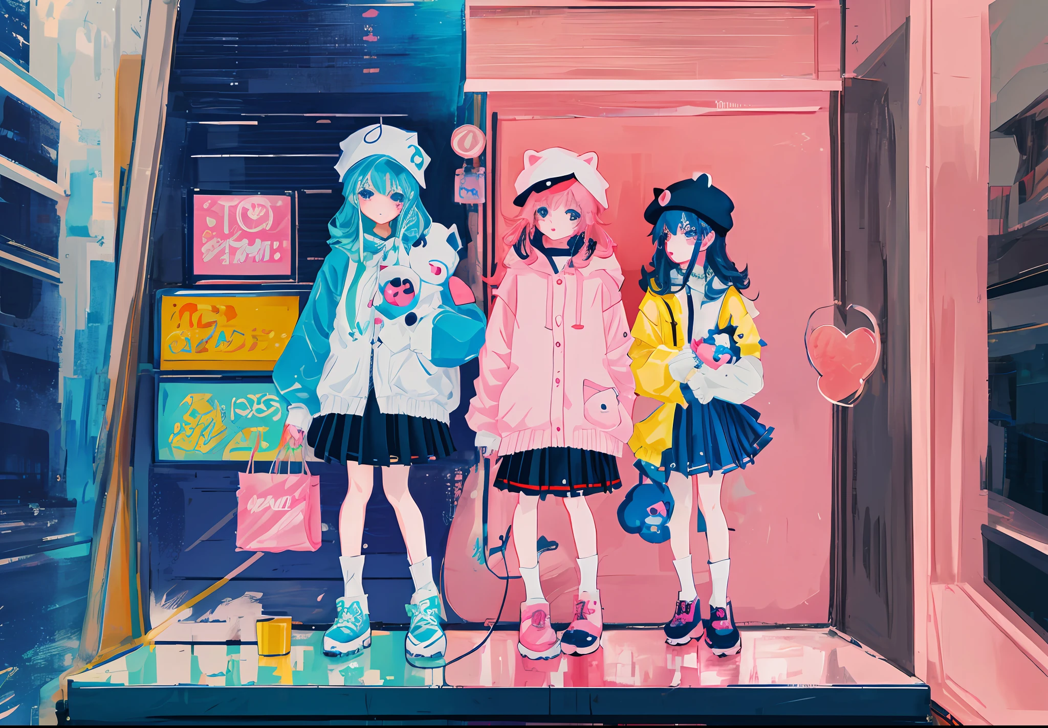 three anime girls in hats and coats are holding a teddy bear, cute art style, candypunk character design, pretty anime character design, style of magical girl, cute anime style, colorful! character design, full body character design, splash art anime loli, cute detailed digital art, loli, kawaii style, highly detailed character design, ddlc