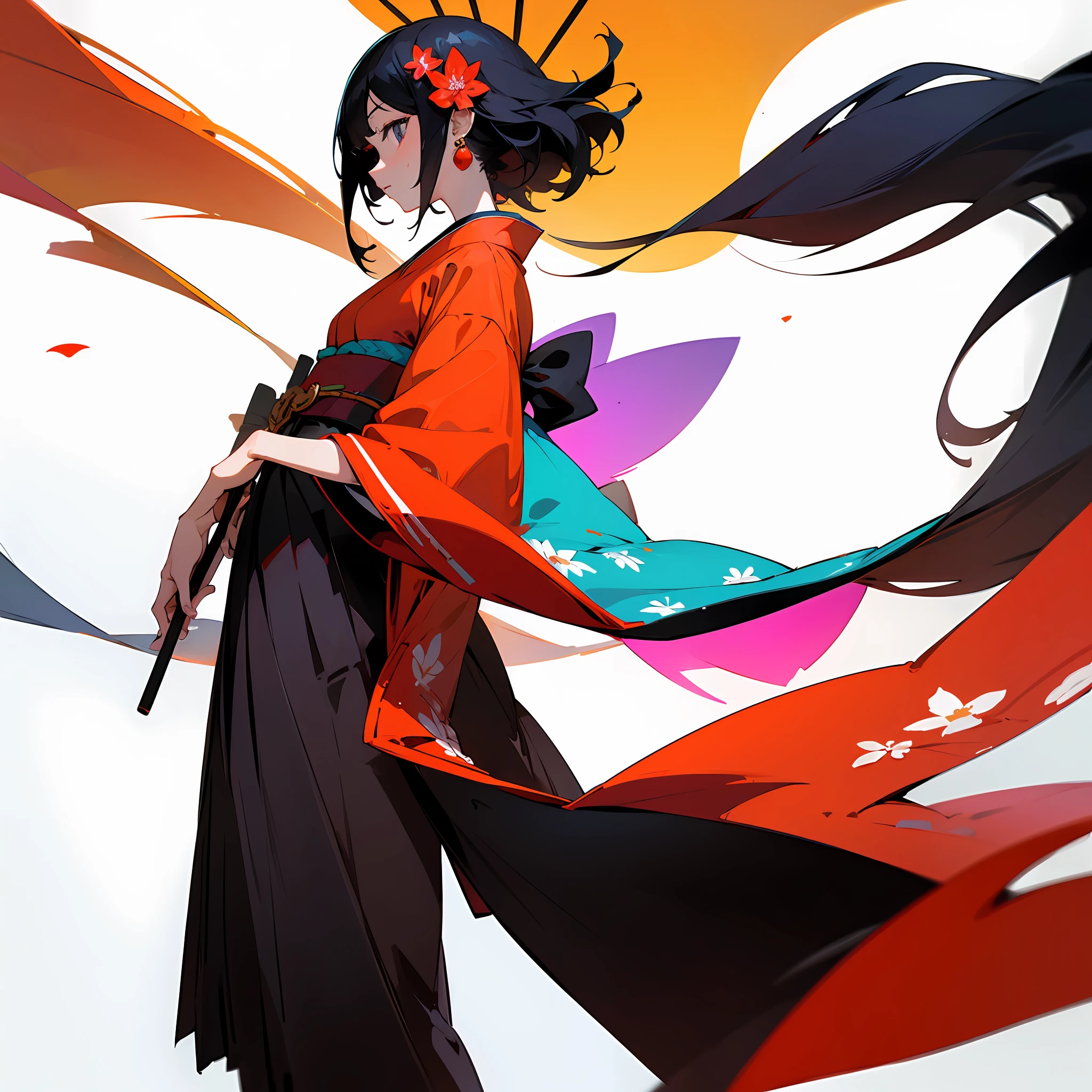 (Masterpiece, top quality; 1.3),((Masterpiece, top quality, super-detailed, photographic, realistic, full body, 1 girl, solo, 3 sides front, back, left and right, reference, sci-fi)), 3 views,

BREAK,

{Black hair}, forehead, kimono, hair ornament, kimono, hairpin, (flower pattern), headdress, haori, collar, kimono, miko, skirt, hakama, zori, hakama, hakama skirt, long sleeve, (colorful clothes), flower pattern, Japanese style,

BREAK,

((White background:1.5)),[above:1.3], simple background, looking at viewer, standing, looking at viewer, 

BREAK.

Matte atmosphere, Thick and heavy paint, , Silkscreen printing technique to create bold, flat colors and an image that is aware of the overlapping and superimposed elements, from,
// Color
Vivid contrasts, bright red colors,