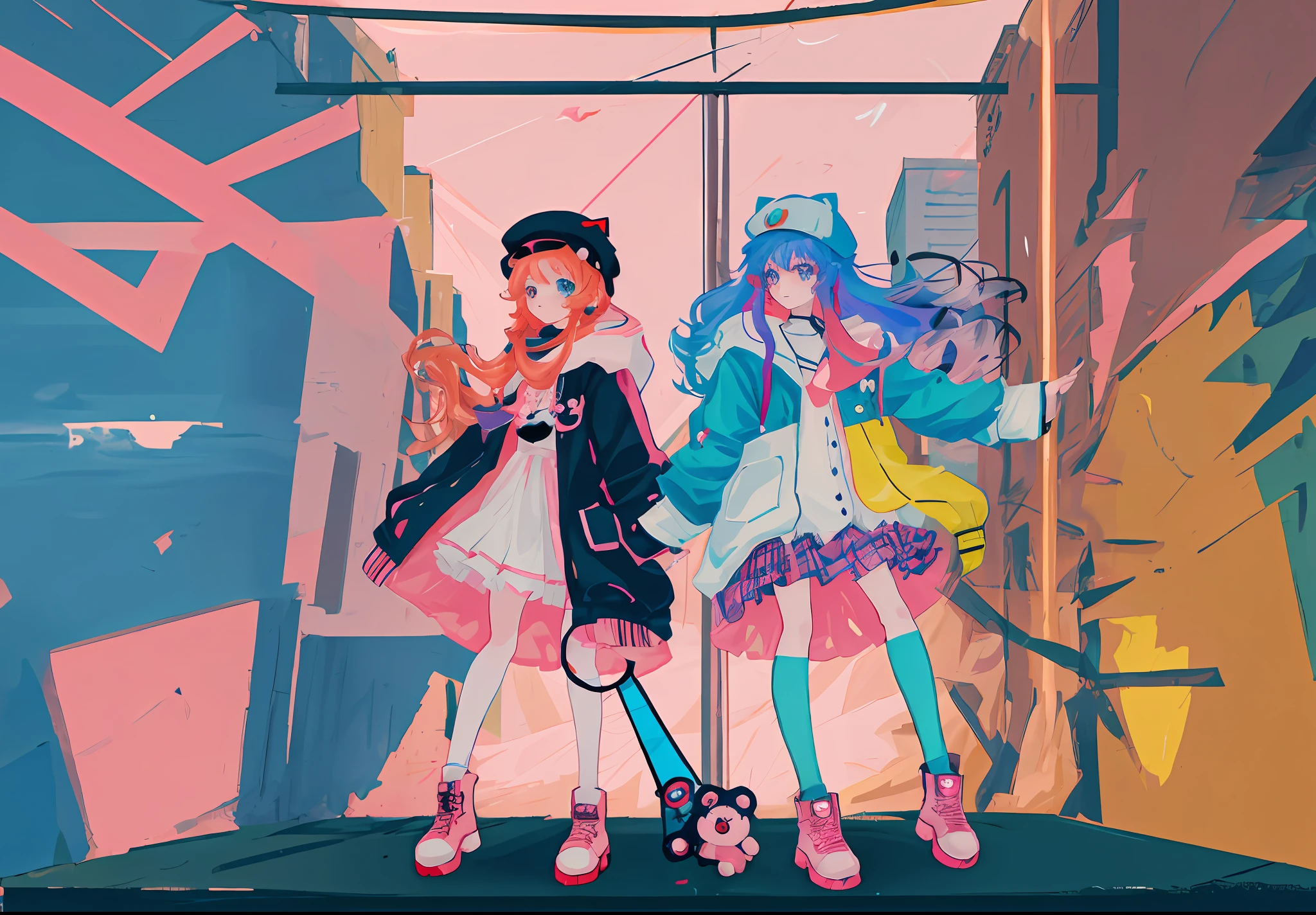 three anime girls in hats and coats are holding a teddy bear, cute art style, candypunk character design, pretty anime character design, style of magical girl, cute anime style, colorful! character design, full body character design, splash art anime , cute detailed digital art, loliwaii style, highly detailed character design, ddlc