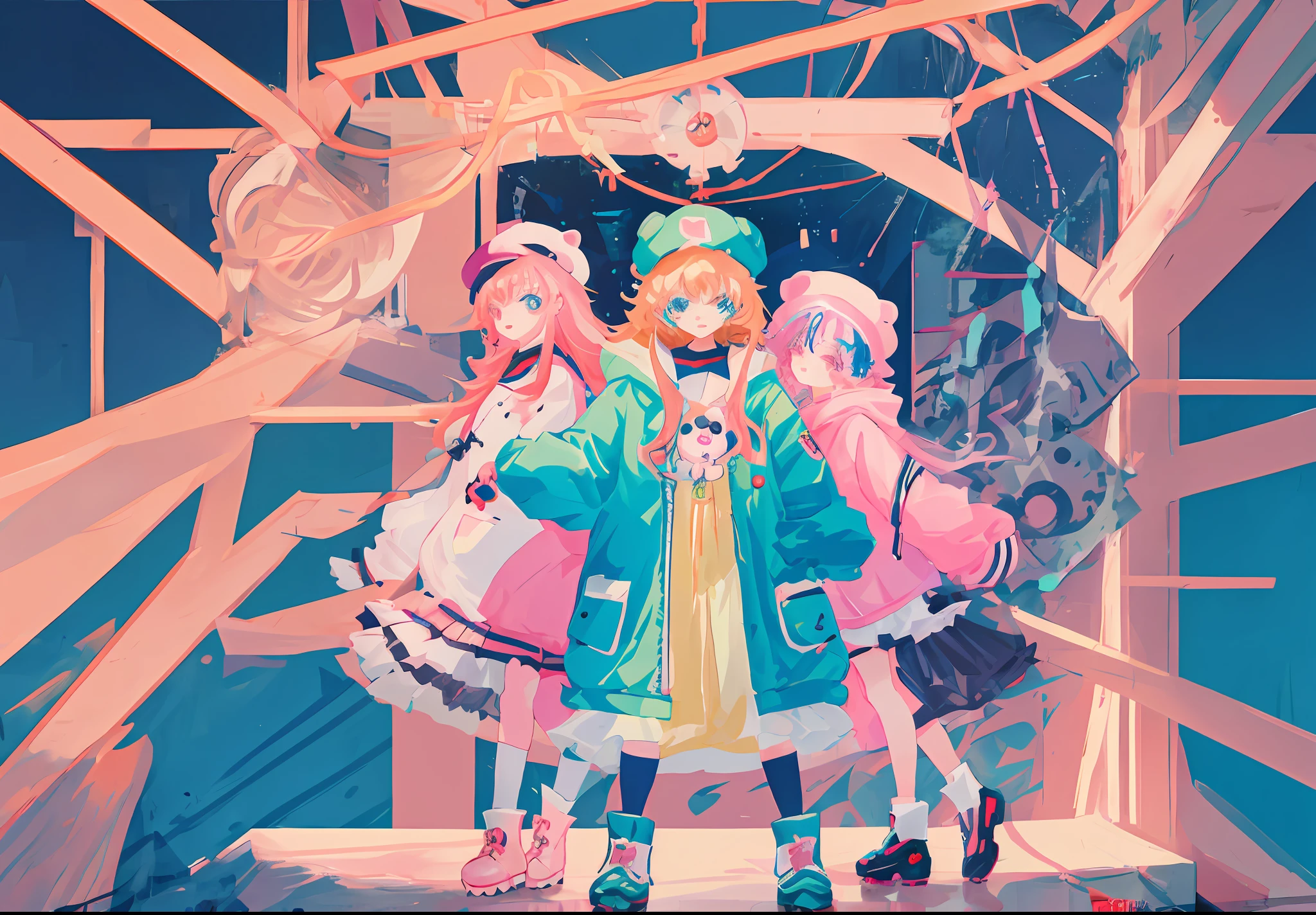 three anime girls in hats and coats are holding a teddy bear, cute art style, candypunk character design, pretty anime character design, style of magical girl, cute anime style, colorful! character design, full body character design, splash art anime loli, cute detailed digital art, loli, kawaii style, highly detailed character design, ddlc