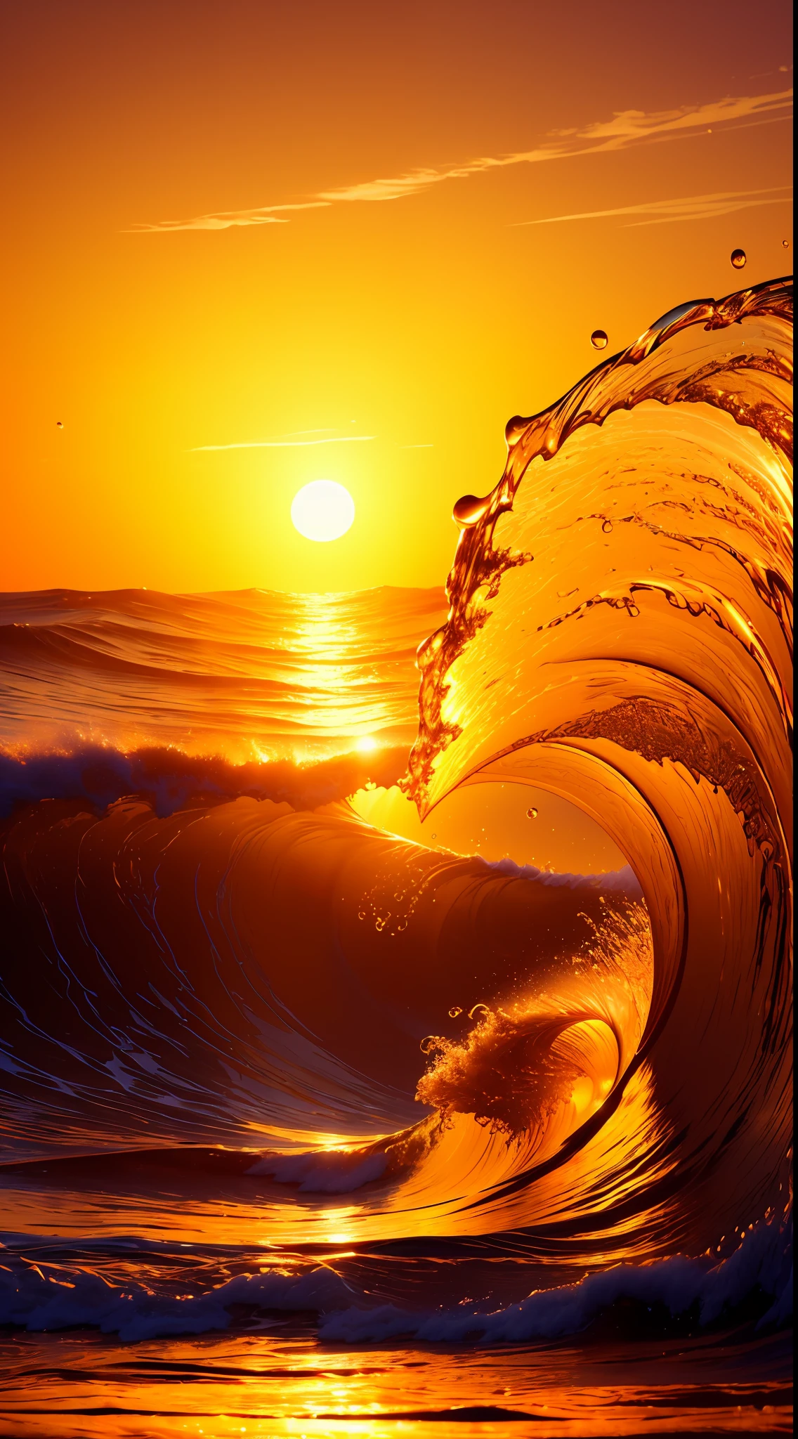 Masterpiece, best quality, (8k very detailed CG unit wallpaper) (best quality), (best illustration), (best shadows) a golden sea wave, bright orange aol sunset through the wave, golden droplets flying, (:1.6)