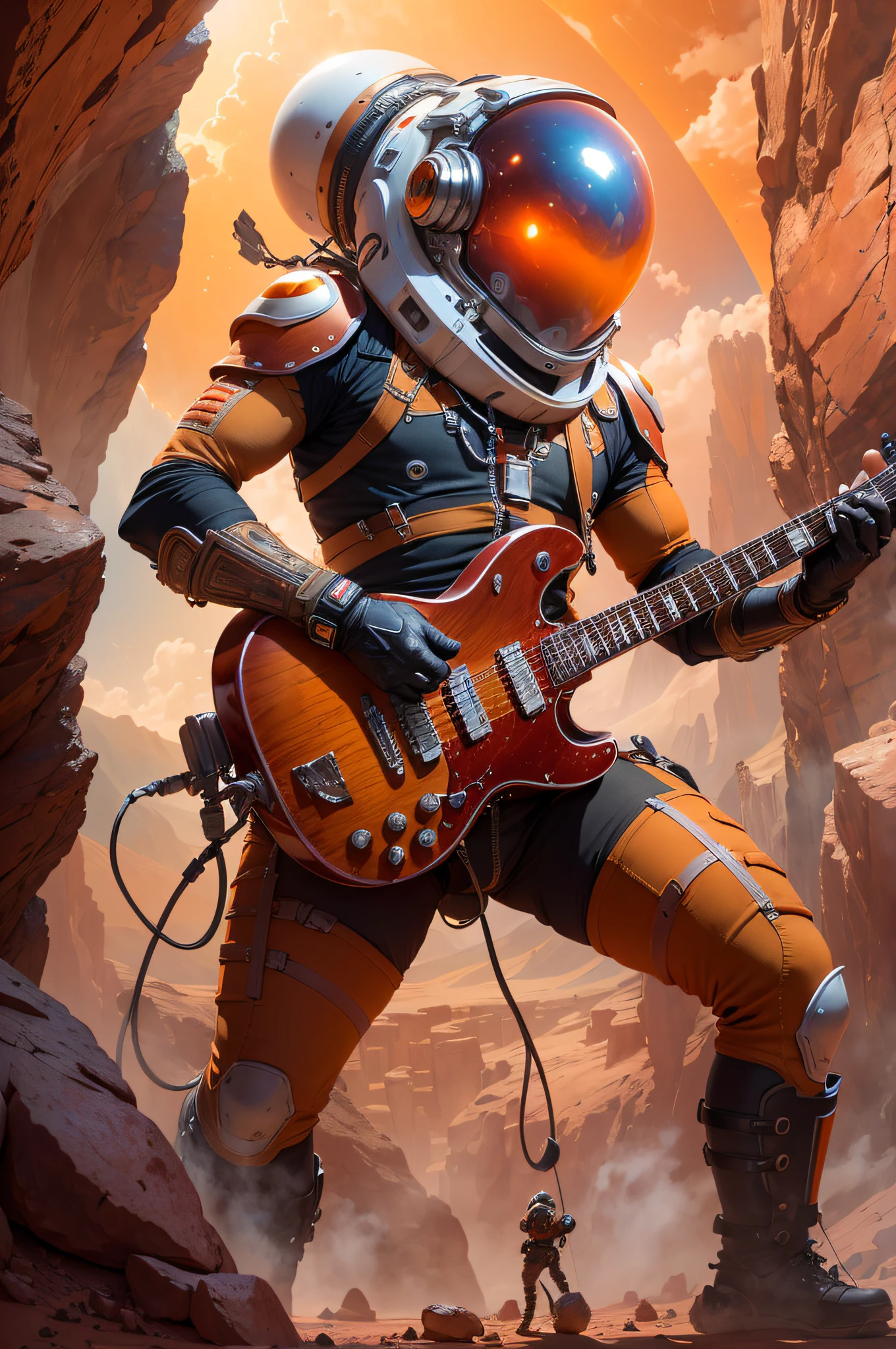 (Masterpiece), better quality, dynamic perspective, character 1 featured alien band playing musical instruments on Mars, with spectacular view of the earth in the background and bright light, increase the texture of red rocks, try to emphasize the dust in the atmosphere and the orange color of the sky. --auto --s2
