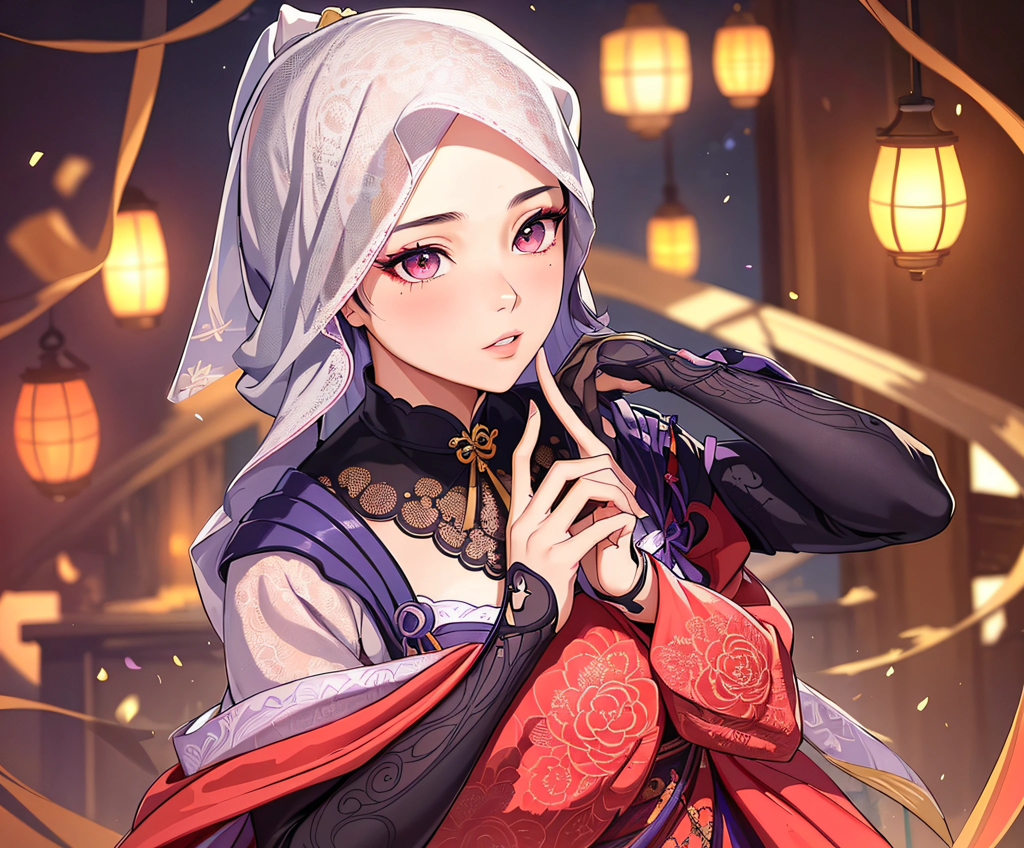 .masterpiece:1.2, best quality), realistic, (real picture, intricate details, depth of field), (1girl, solo), make up, parted lips, highly-detailed, perfect face, (skindentation), glossy coral lips, (A girl wearing Islamic clothes), blushing, Raiden Ei (Raiden shougn) from genshin impact,high-detailed hands