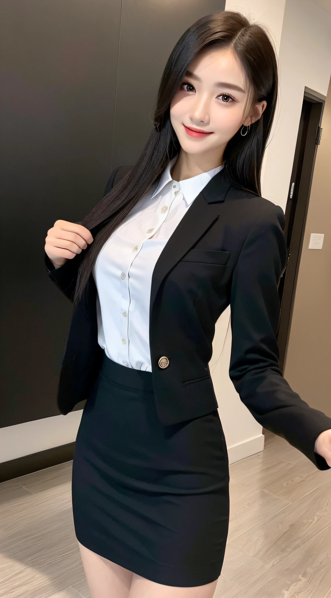 ((Top Quality, 8K, Masterpiece: 1.3)), 1 Girl, Slim: 1.3, (Hairstyle Casual, Big: 1.2), Super Slender Face, Delicate Eyes, Double Eyelids, Smile, Black Business Suit, Long Skirt