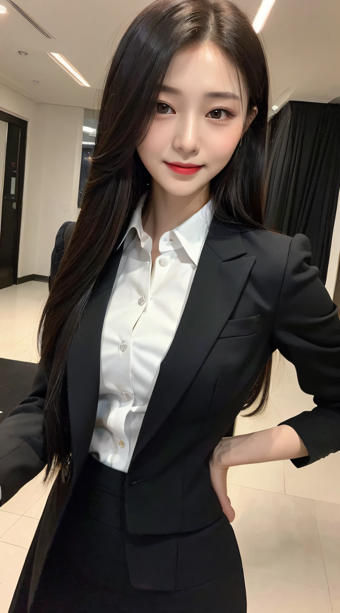 ((Top Quality, 8K, Masterpiece: 1.3)), 1 Girl, Slim: 1.3, (Hairstyle Casual, Big: 1.2), Super Slender Face, Delicate Eyes, Double Eyelids, Smile, Black Business Suit, Long Skirt