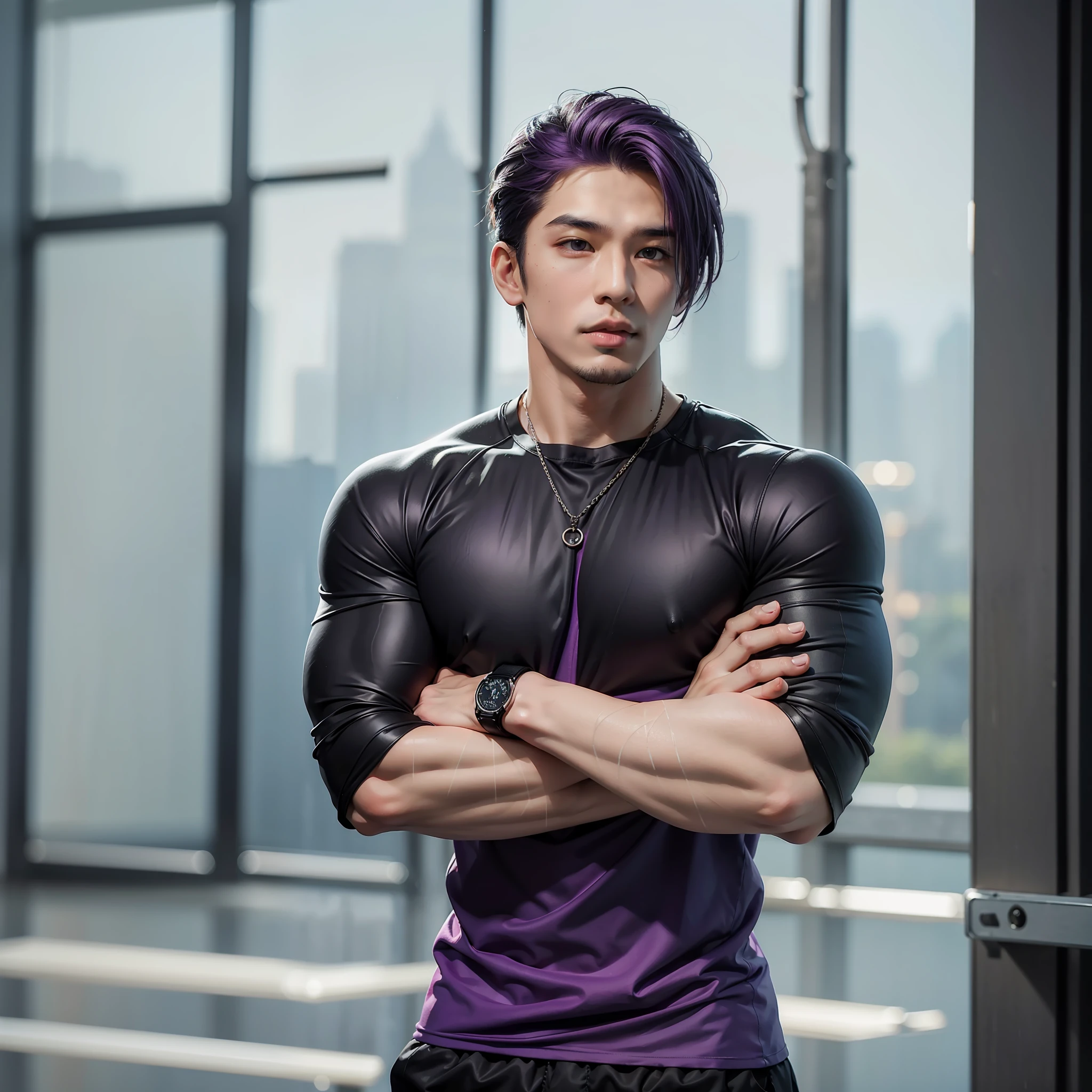 Very detailed and high quality photos, masterpiece, best quality, 8k), Asian male, purple hair, muscular, in black gym shirt, standing in the rain