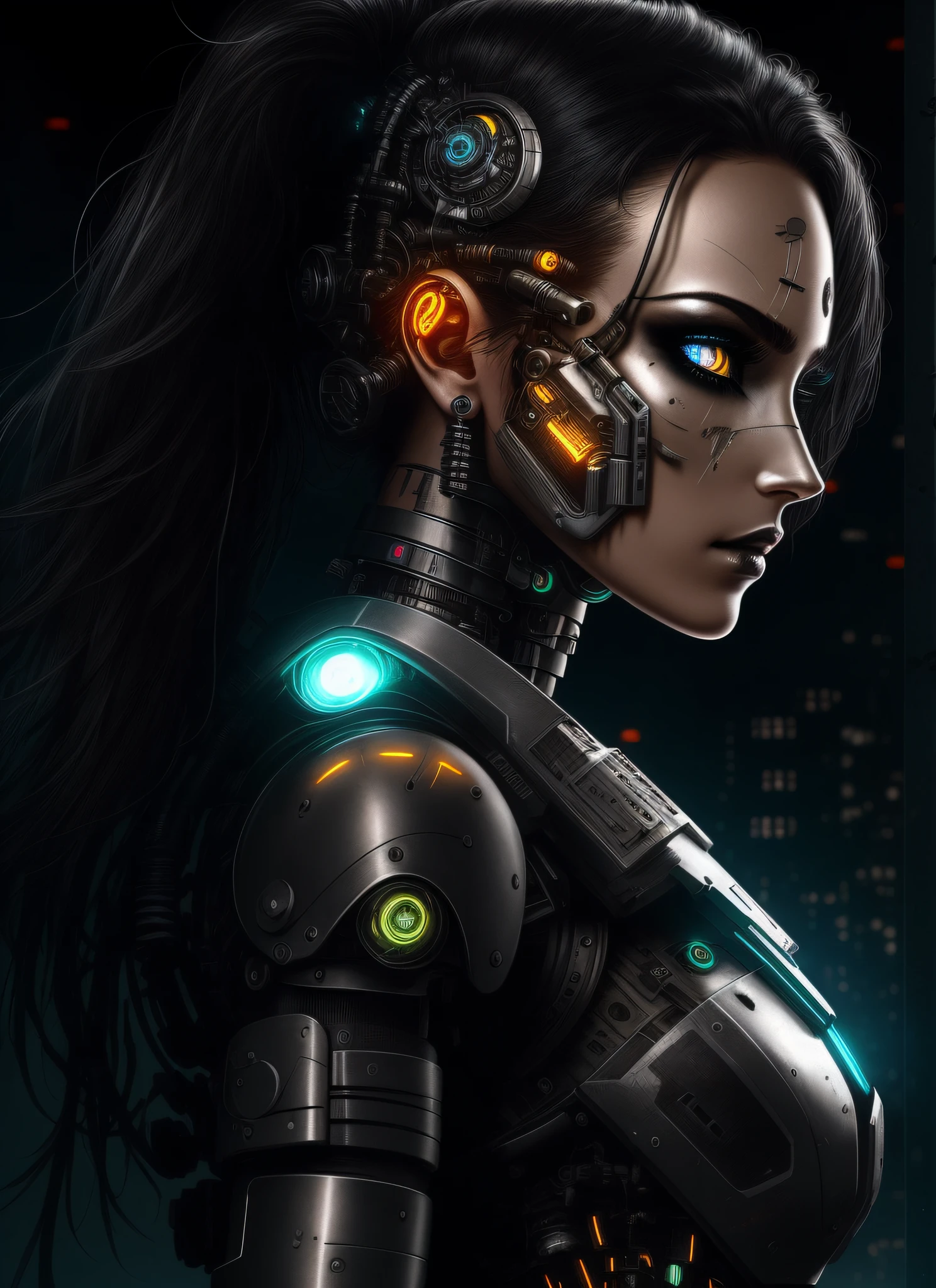 Stunning, high-quality artwork of a (beautiful cyborg warrior:1.3) in a (cyberpunk world:1.2), (up close full body side view:1.1) with a full body view, showcasing her (cyberware:1.2) and (carbon fiber:1.1) (chrome:1.1) implants, (metal skull:1.1) and (scars:1.1), wearing bloody (cyber plate armor:1.1) in a (dark atmosphere:1.2) on a (dark night:1.3), with (short, disheveled hair:1.1) and (black eyeshadow:1.1). The artwork features a (beautifully detailed glow:1.1) emanating from her mechanical eye, with a (detailed facial features:1.1) and (high detail:1.1) sharp focus, providing a smooth and aesthetic look