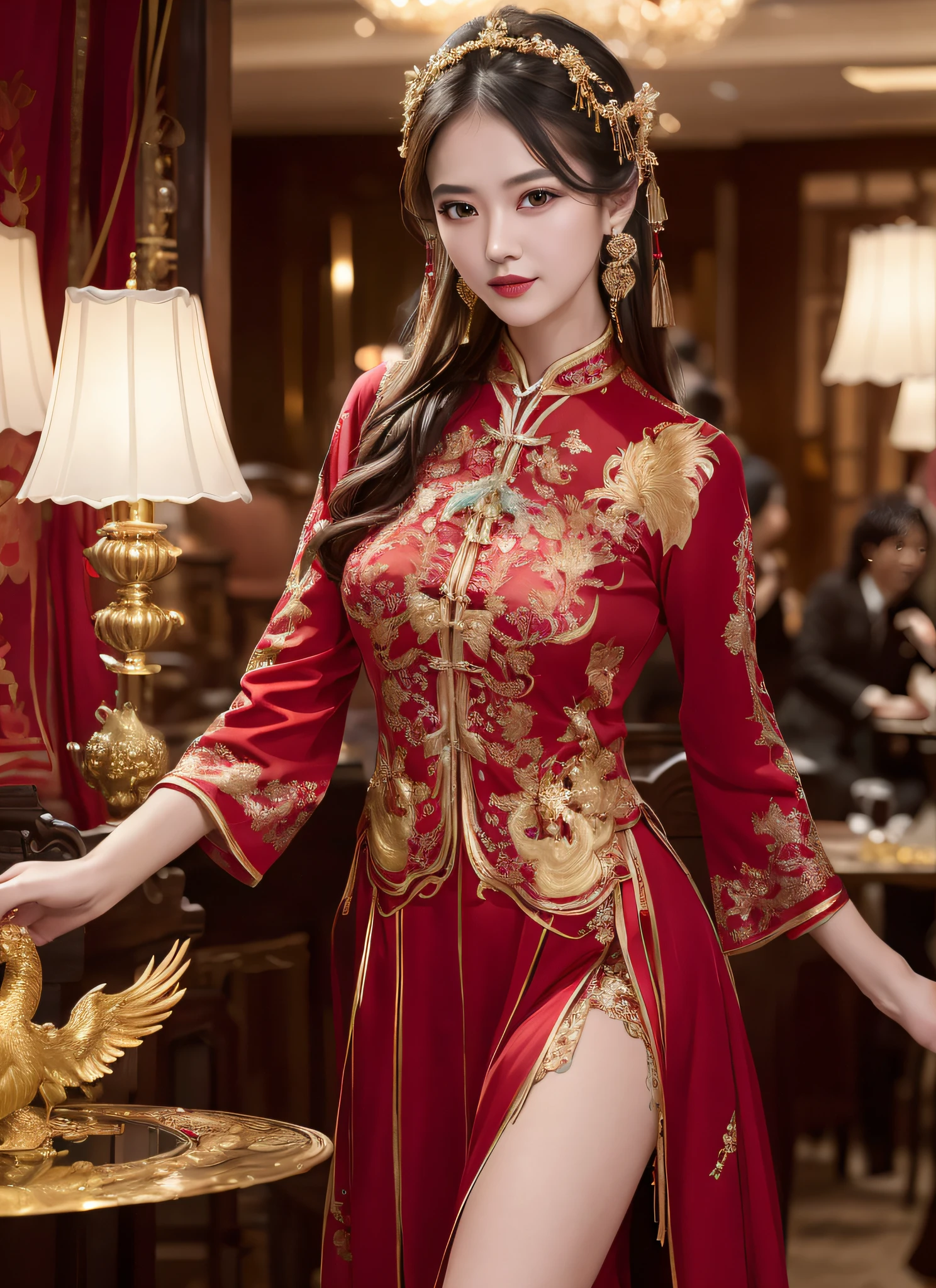 araffe woman in a red dress posing in a fancy room, cheongsam, chinese dress, wearing a red cheongsam, chinese style, traditional chinese, with acient chinese clothes, chinese costume, traditional chinese clothing, wearing ancient chinese clothes, ao dai, wearing red formal attire, wearing red attire, wearing ornate silk clothes, with ancient chinese aesthetic