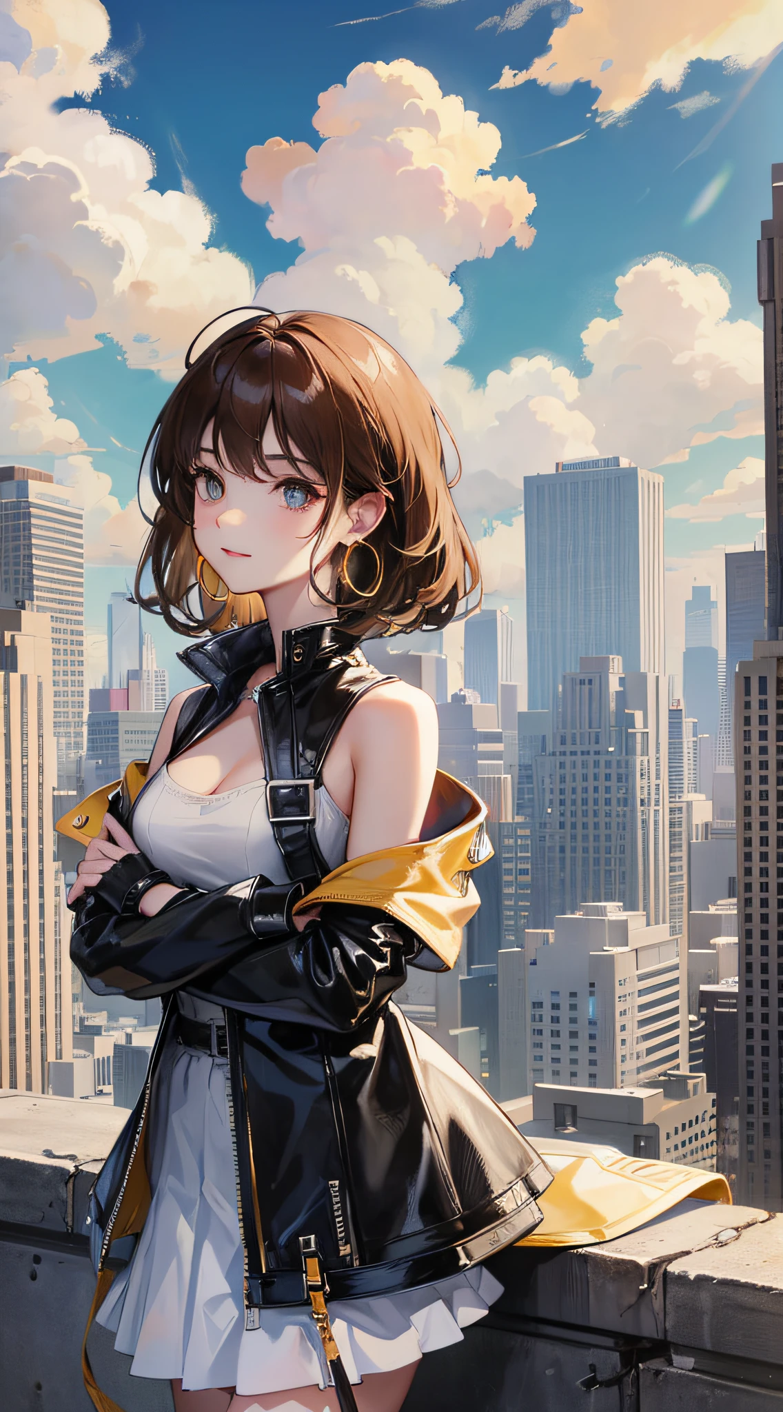 Highly detailed, high quality, masterpiece, 1 woman, upright, (casual wear: 1.1), (cleavage), white t-shirt, blue short skirt, high heels, black leather jacket draped over shoulders, (accessories: 1.2), gold hoop earrings, brown leather watch, natural makeup, slight smile, arms crossed in front of her, (city view: 0.9), buildings and figures in the background, outdoors, sunny days.
