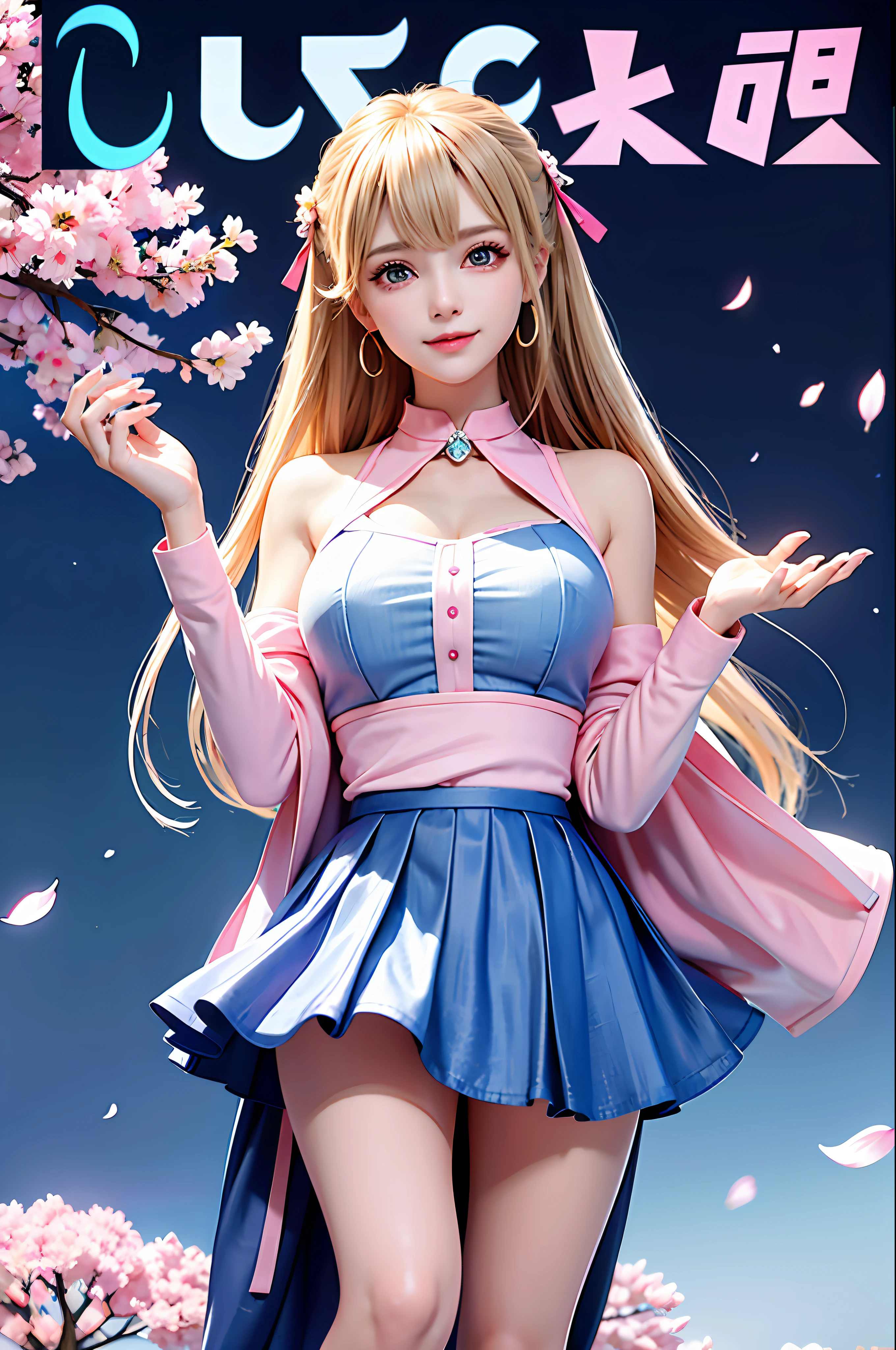 Masterpiece, Superb Piece, Full Body, 1Girl, Bangs, Black Choker, Black Tie, Blonde Hair, Blue Skirt, Blush, Bracelet, Beautiful Breasts, Choker, Waist Dress, Collarbone, Collared Shirt, Denim Photo, Dress Shirt, Ear Piercings, Eyebrows Visible Through Hair, Gradient Hair, Grin, Gyaru, Jewelry, Kogal, Long Hair, Look at the Audience, Loose Tie, Tie, Piercing, Pink Plaid Skirt, Pink Plaid Skirt, Pink Pleated Skirt, Red Eyes, Ring, Pink School Uniform, Shirt, skirt, smile, solo, pink shirt, street, sky, cherry blossoms, petals, illustrations, (magazine: 1.3), (cover style: 1.3), fashion, woman, vibrant, dress, pose, front, colorful, dynamic, background, element, confident, expressive, holding, statement, attachment, majestic, coiled, around, touch, scene, text, cover, bold, eye-catching, title, fashion, font, catchy, title, bigger, eye-catching, modern, fashionable, focused, stylish,