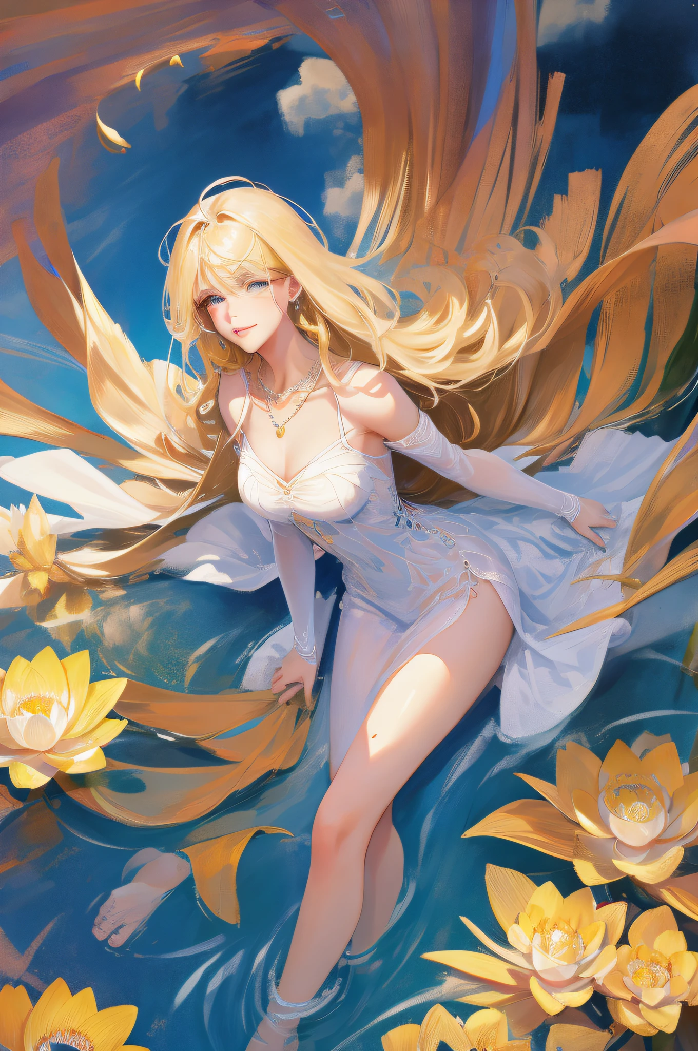 slender waist, mature woman, neat figure, slender waist, goddess, wings, animalized, curly_hair, very_long_hair, tongue, (blonde), (dynamic hair), gradient hair, oil painting (medium), colored pencil (medium), {realistic}, {realistic}, {realistic}, {sketch}, {oil painting}, delicate reflections and high glass guardrail panels, flowers and meadows, dynamic angle, backlight, cinematic angle, lens 135mm, f1.8, straightforward, portrait, close-up, full body, out of frame, {best quality}, {{masterpiece}}, {high resolution}, original, extremely detailed 8K wallpaper, 1girl, {an extremely delicate and beautiful},, ray tracing, incredibly_absurdres, ray tracing, {best quality}, {{masterpiece}}, {high resolution}, original, extremely detailed 8K wallpaper, {extremely refined and beautiful},,incredibly_ absurdres,colorful,intricate details,art book,,{best quality}, {{masterpiece}}, {high resolution}, original, very detailed 8K wallpaper, {an extremely delicate and beautiful},,detail fingers,open fingers,hands in their own hair, knees up, (anklet), ring eyes, ((beautiful eyes)), eyeliner, round eyes, ((smile)), blushing, smug, (necklace), garters, glowing light, beautiful details of the sky, masterpiece, Movie lighting, depth of field, beautiful details water, ocean, chinese style architecture, no people, detailed background, high mountains, glowing light, movie lighting, lotus, (lotus leaf), lake, sexy, brown eyes