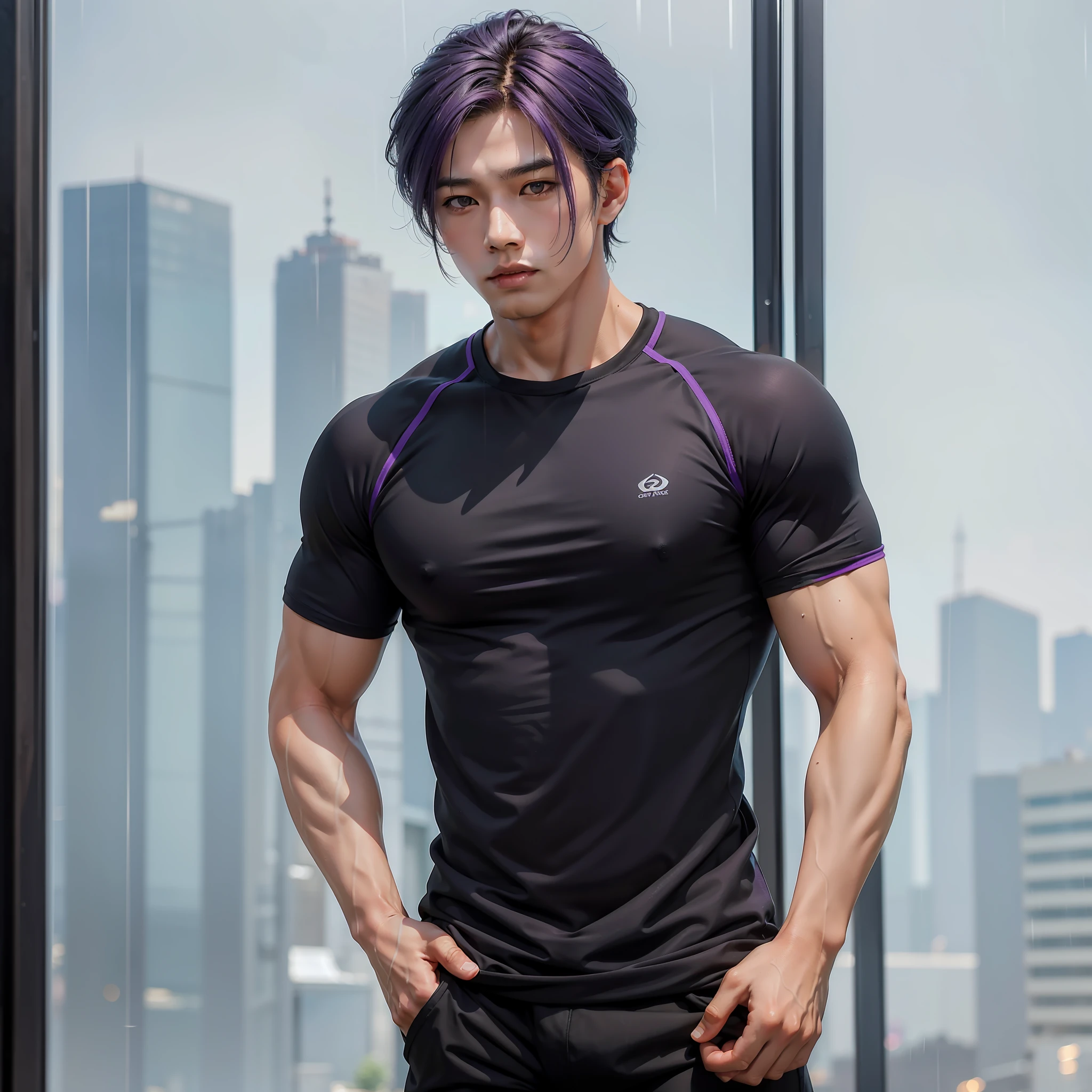 Very detailed and high quality photos, masterpiece, best quality, 8k), Asian male, purple hair, muscular, in black gym shirt, standing in the rain