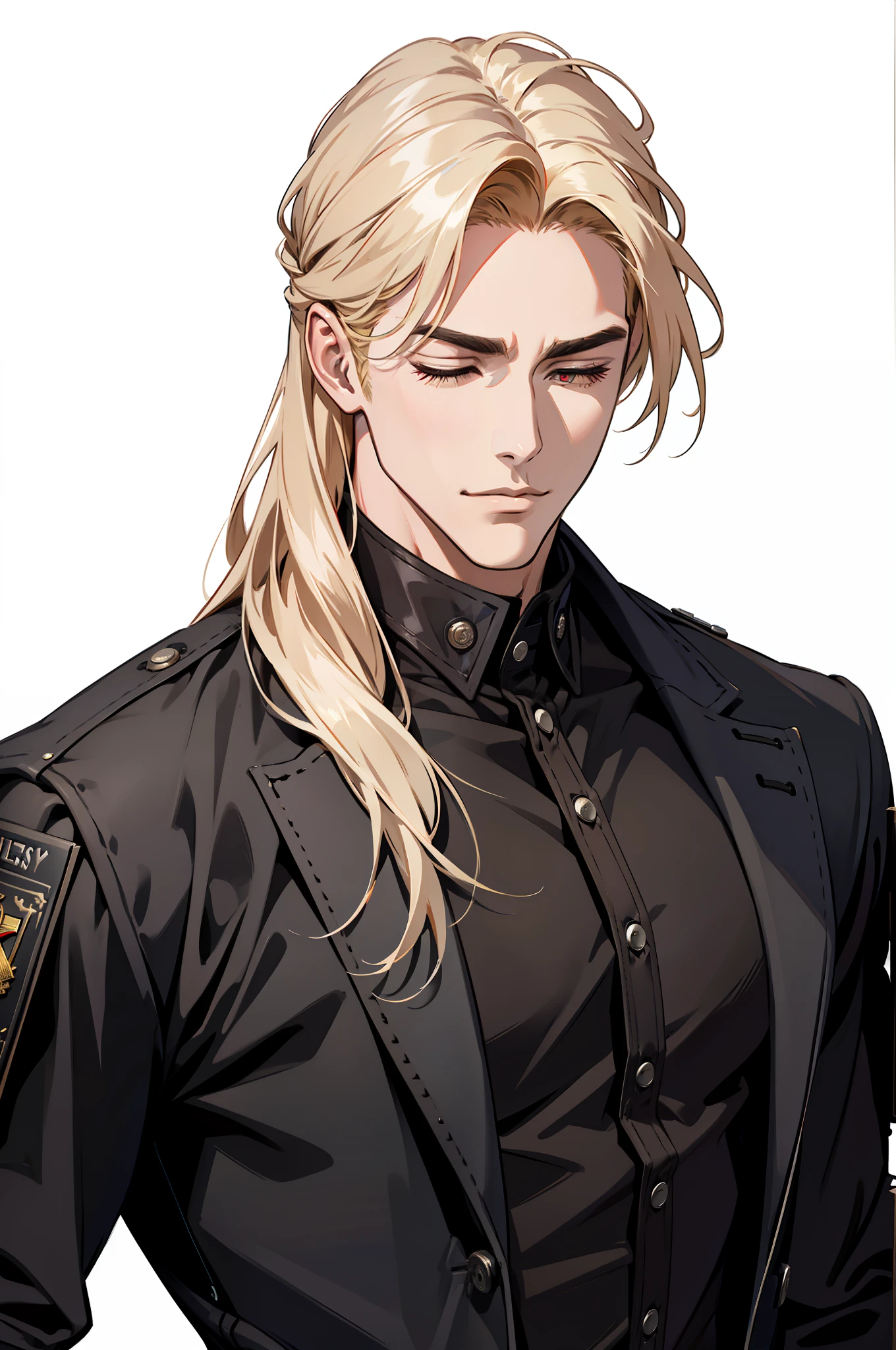 ((MLS)), (absurd res, high res, ultra detailed), 1 male, adult, handsome, tall muscular guy, broad shoulders, blonde long hair, red eyes, finely detailed eyes, looking at viewer, solo, MLS shot, no background, detailed face, smirk, renegade, rugged dark leather clothes, small leather pouch, high fantasy medieval setting, smuggler hideout background, stealth, undercover, (crates in background), shadows, fog, (dutch angle), closed eyes