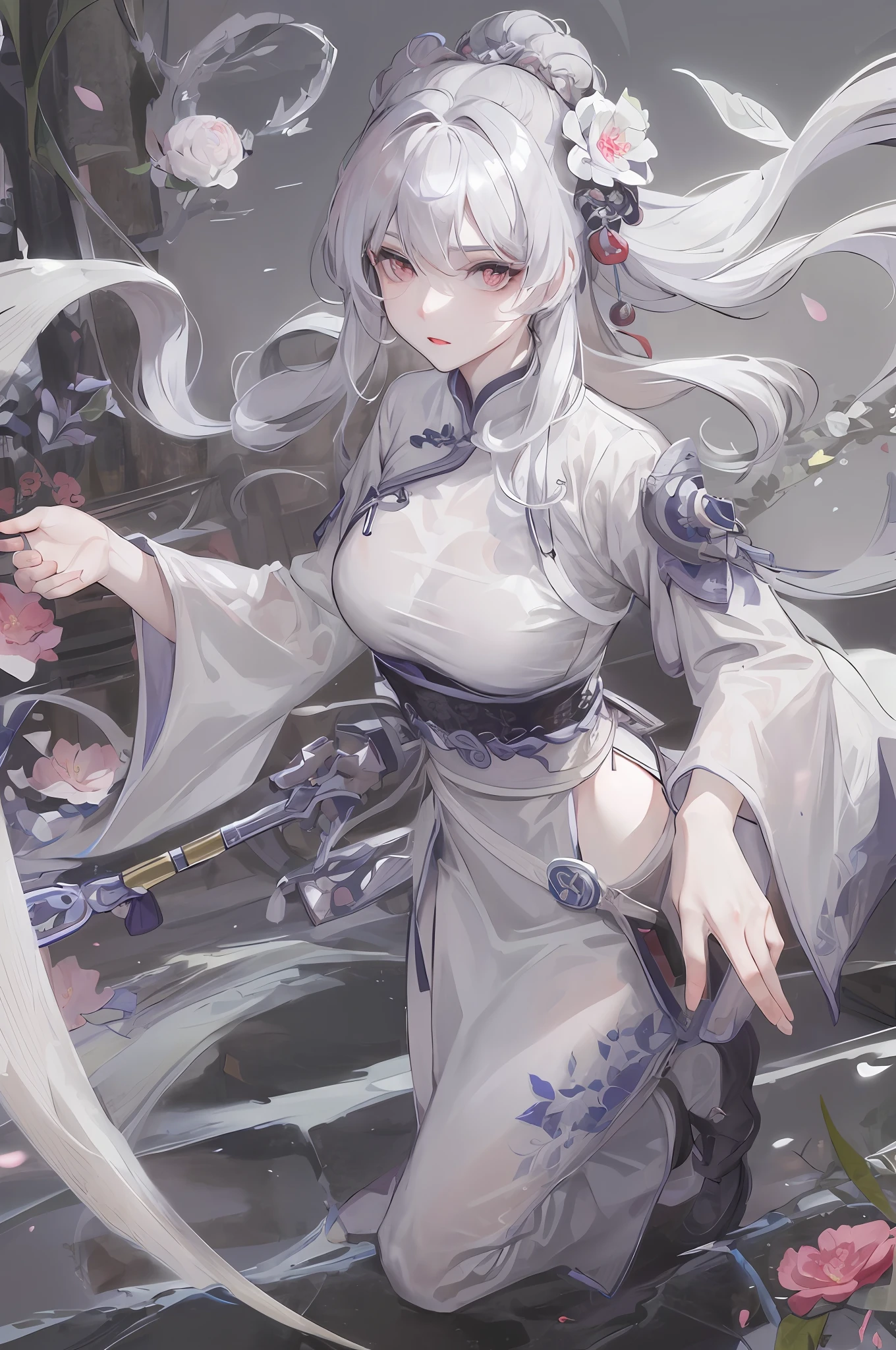 Masterpiece, Best, Night, Full Moon, 1 Female, Mature Woman, Chinese Style, Ancient China, Elder Sister, Royal Sister, Cold Face, Expressionless, Silver White Long Haired Woman, Pale Pink Lips, Calm, Intellectual, Three Belts, Gray Hitomi, assassin, dagger, flower ball background, street view