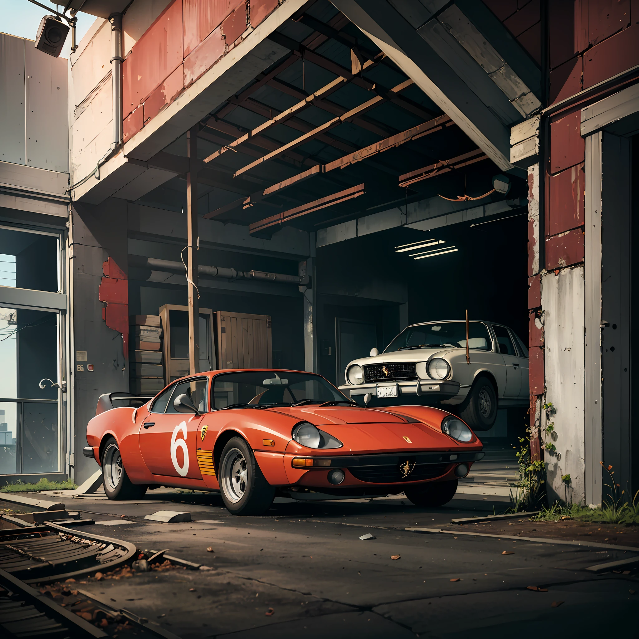 (masterpiece, best quality, ultra-details), dynamic framing, dynamic angle, lots of details, abandoned garage, a Ferrari covered in dust, rusty, rust framing, wall texture framing, low lighting, full car image