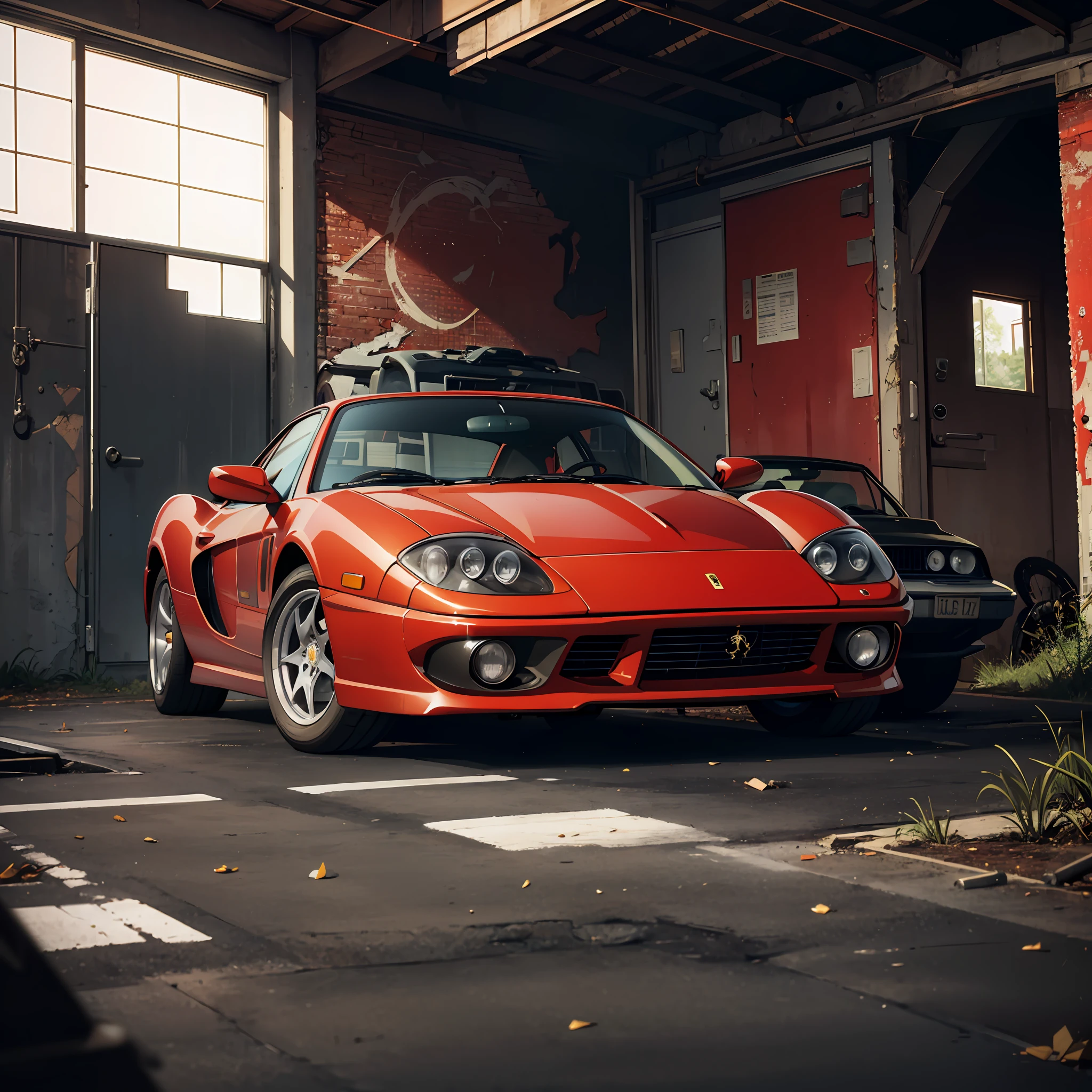 (masterpiece, best quality, ultra-details), dynamic framing, dynamic angle, lots of details, abandoned garage, a Ferrari covered in dust, rusty, rust framing, wall texture framing, low lighting, full car image