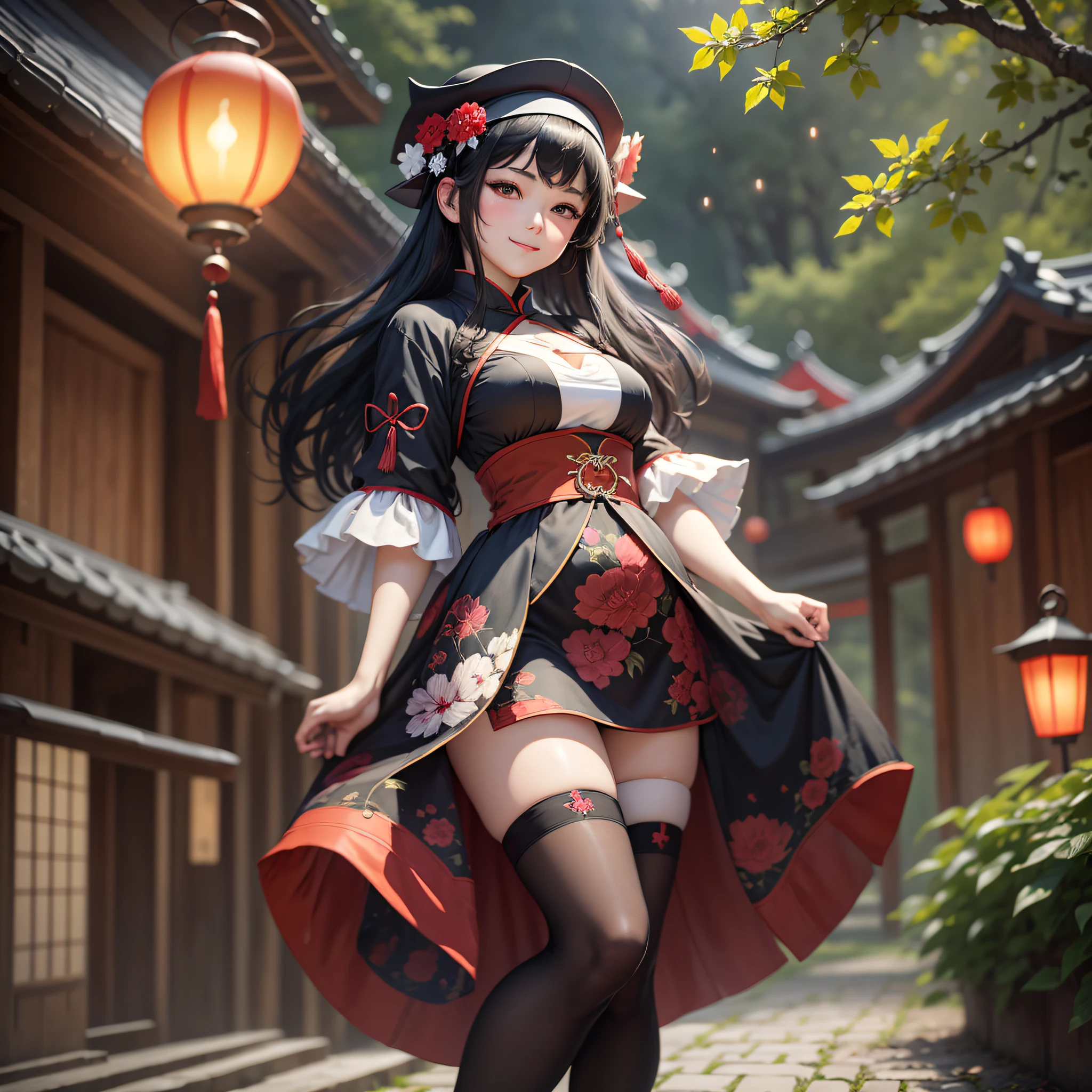 masterpiece,1girl,solo,black hair,underboob, hat, light_smile, ofuda, china dress, crossed arms, full body, outdoors, hanging lantern, night, higashi setsuna, --auto --s2
