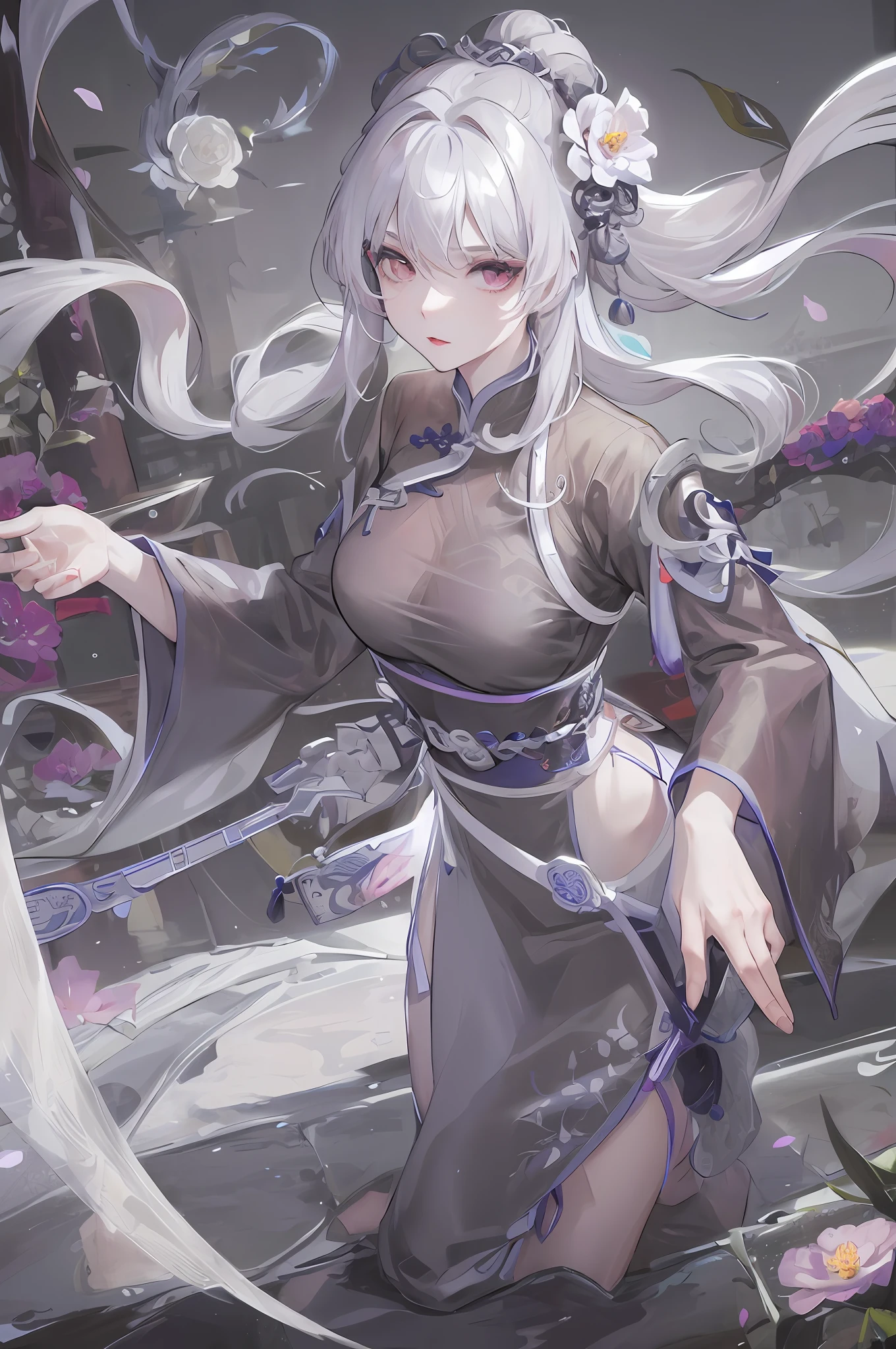 Masterpiece, Best, Night, Full Moon, 1 Female, Mature Woman, Chinese Style, Ancient China, Elder Sister, Royal Sister, Cold Face, Expressionless, Silver White Long Haired Woman, Pale Pink Lips, Calm, Intellectual, Three Belts, Gray Hitomi, assassin, dagger, flower ball background, street view