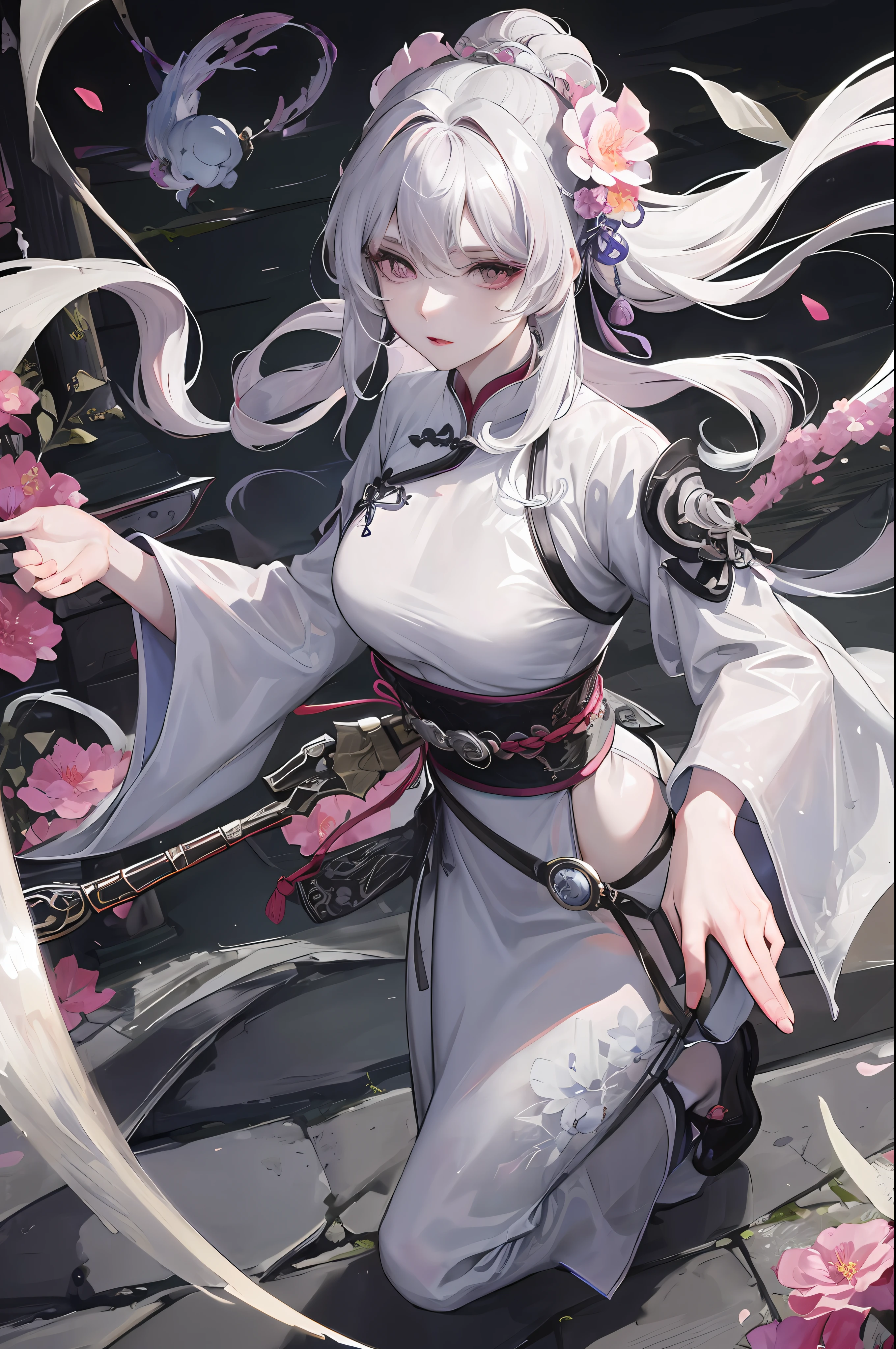 Masterpiece, Best, Night, Full Moon, 1 Female, Mature Woman, Chinese Style, Ancient China, Elder Sister, Royal Sister, Cold Face, Expressionless, Silver White Long Haired Woman, Pale Pink Lips, Calm, Intellectual, Three Belts, Gray Hitomi, assassin, dagger, flower ball background, street view