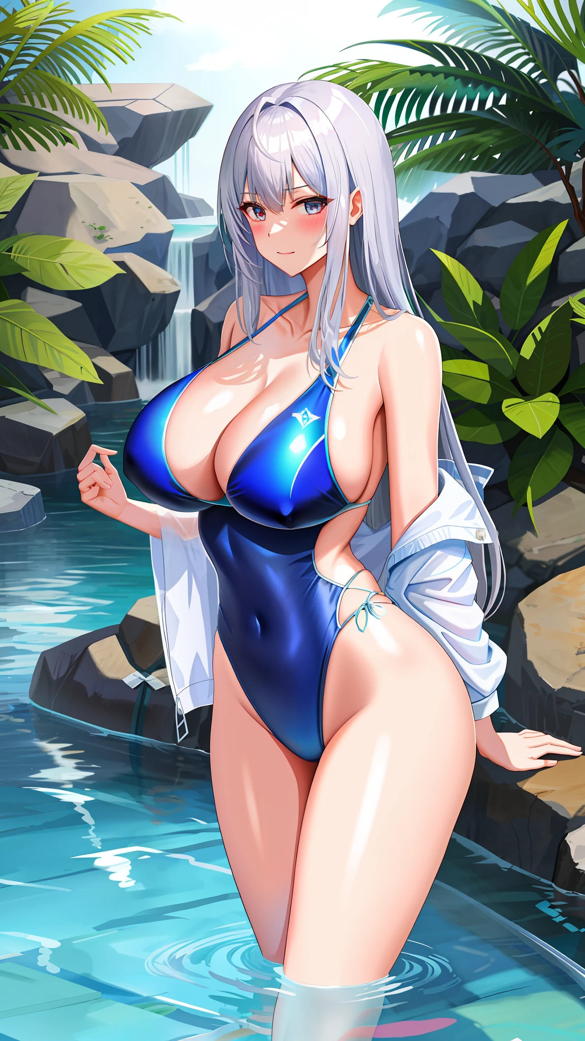 blue and silver stripe and silver border swimsuit,肌露出が多い