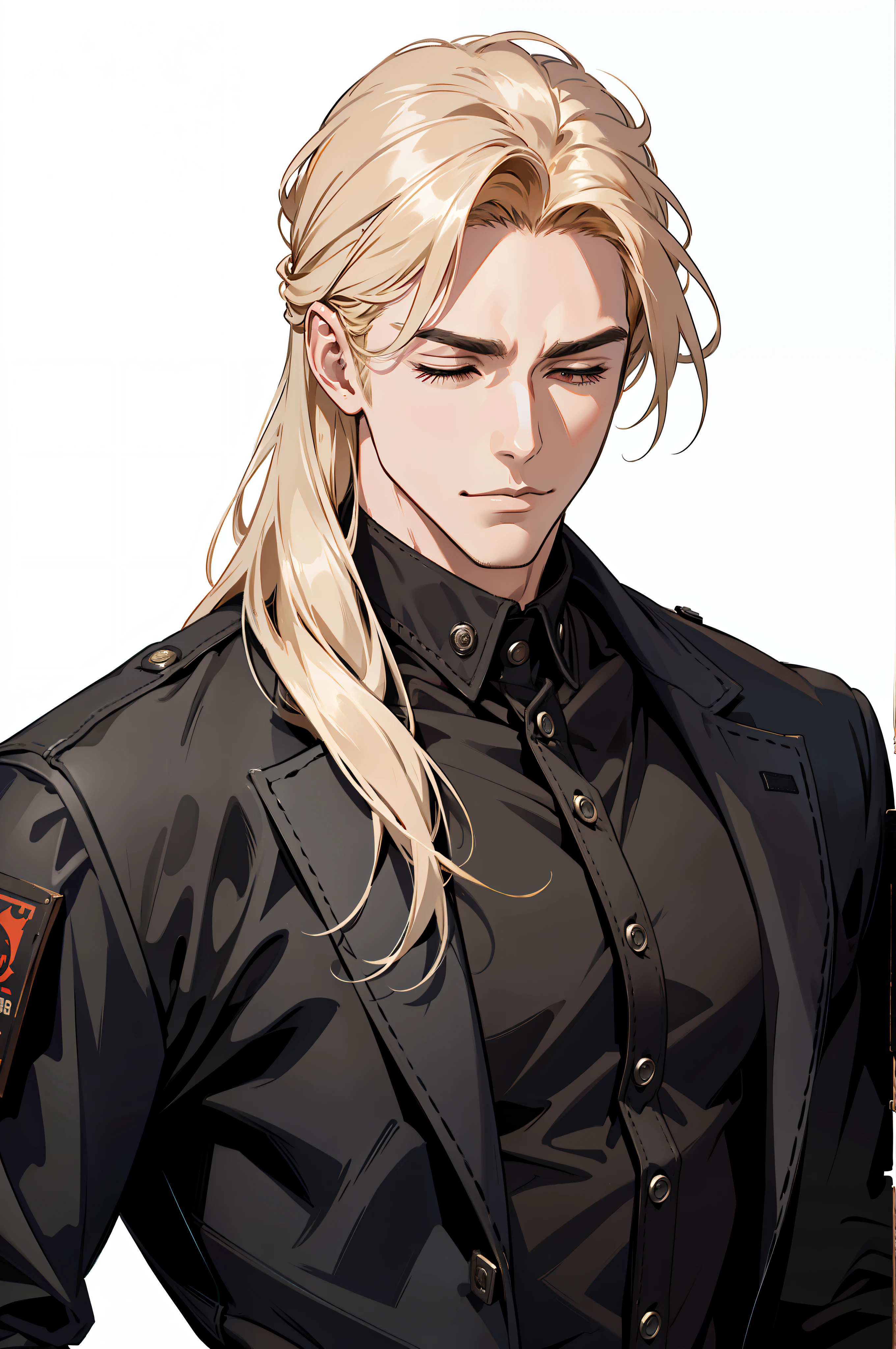 ((MLS)), (absurd res, high res, ultra detailed), 1 male, adult, handsome, tall muscular guy, broad shoulders, blonde long hair, red eyes, finely detailed eyes, looking at viewer, solo, MLS shot, no background, detailed face, smirk, renegade, rugged dark leather clothes, small leather pouch, high fantasy medieval setting, smuggler hideout background, stealth, undercover, (crates in background), shadows, fog, (dutch angle), closed eyes