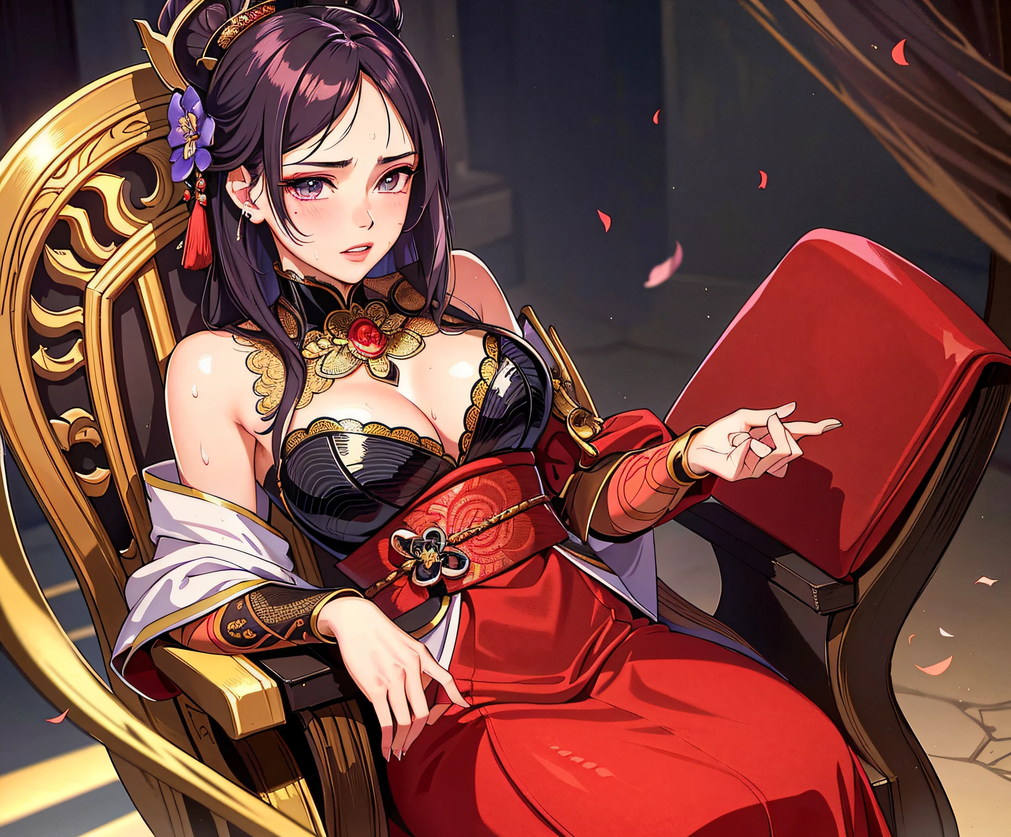 .masterpiece:1.2, best quality), realistic, (real picture, intricate details, depth of field), (1girl, solo), make up, parted lips, highly-detailed, perfect face, (skindentation), glossy coral lips, (A girl sitting on a queen chair), (sweating:1.2), blushing, baal(Raiden shougn) from genshin impact, hair color Martinique