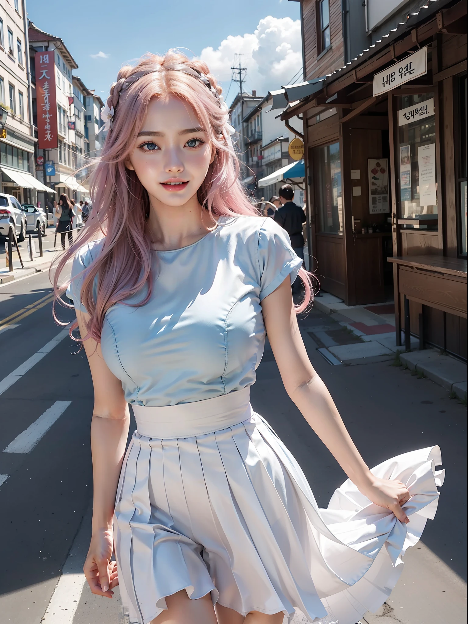 Official Art, Masterpiece, Sharp Focus, (Beautiful Gorgeous Cute Korean Woman: 1.3), (Beautiful Cute Korean: 1.3), Korean Beauty, Delicate Beautiful Hair and Eyes and Face, Realistic, Ultra Detailed, Beautiful Girl, Blue Sky, Glow White Particles, (Side Lighting: 1.2), Sunlight, White Clouds, Detailed Clouds, Slender, Cute Exposed Big Breasts Big Buttocks, Big Breasts, Big Breasts, Big Breasts, Long Legs, Toothy Laugh, (Laughing with Eyes Open)), Scenery ,Long straight hair, sexy facial expression, architecture, (cityscape:1.7), dynamic hair, long straight hair, fine platinum-pink hair, glowing blue eyes, (blue pleated shirt + white skirt), white stockings, pale skin, hair accessories, epic scenery,