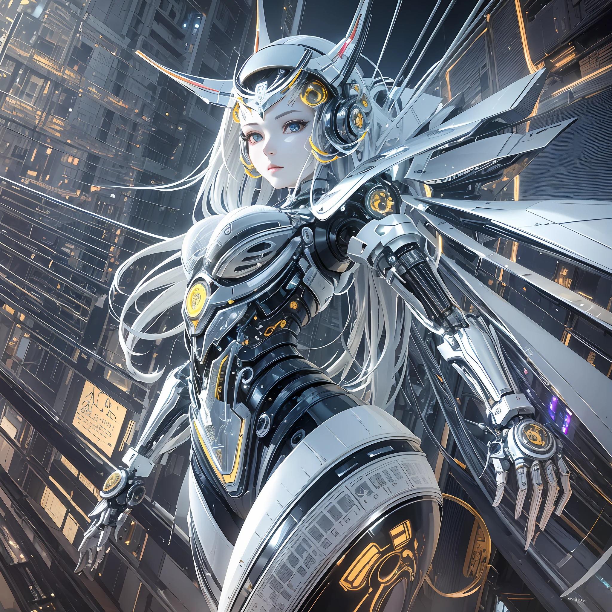 Character Sheet, complex 3d render ultra detailed of a beautiful Japanese girl android cyborg, robotic parts, beautiful studio soft light, rim light, vibrant details, luxurious cyberpunk, android body made of organic flowing white and silver transparent glass and plastic, silver metal internal body mechanisms, dynamic pose, flowing organic components, detailed engraving, lacework designs, glowing golden circuitry, art by H.R. Giger, Greg Rutowski