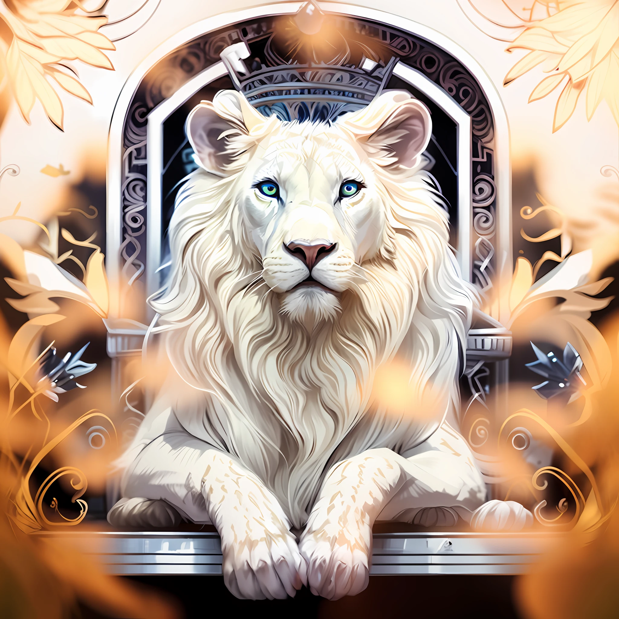 Highly defined realistic superb albino white lion, blue eyes, albino, white hair, in the plains, grass, vegetation, sun sets in fiery blaze, HD