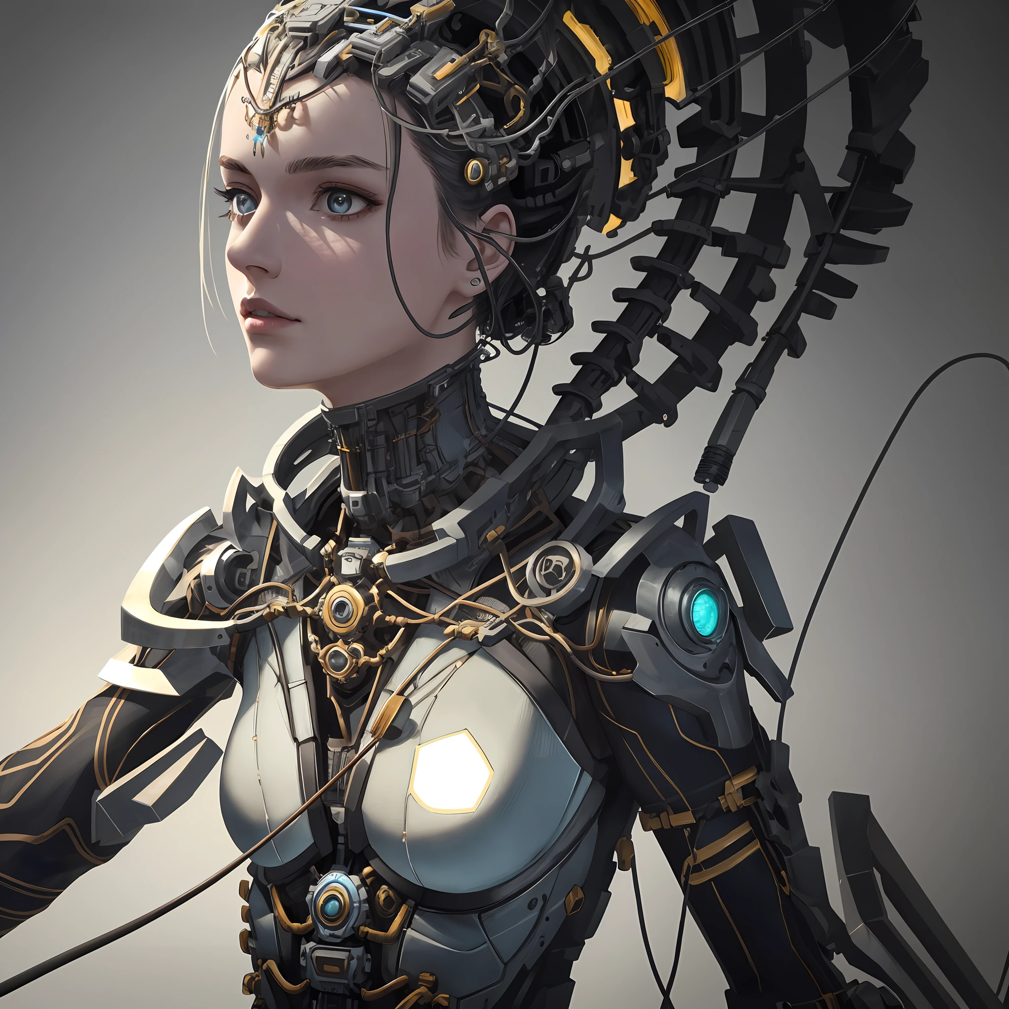 1mechanical girl,((ultra realistic details)), portrait, global illumination, shadows, octane render, 8k, ultra sharp,metal,intricate, ornaments detailed, cold colors, egypician detail, highly intricate details, realistic light, trending on cgsociety, glowing eyes, facing camera, neon details, machanical limbs,blood vessels connected to tubes,mechanical vertebra attaching to back,mechanical cervial attaching to neck,sitting,wires and cables connecting to head