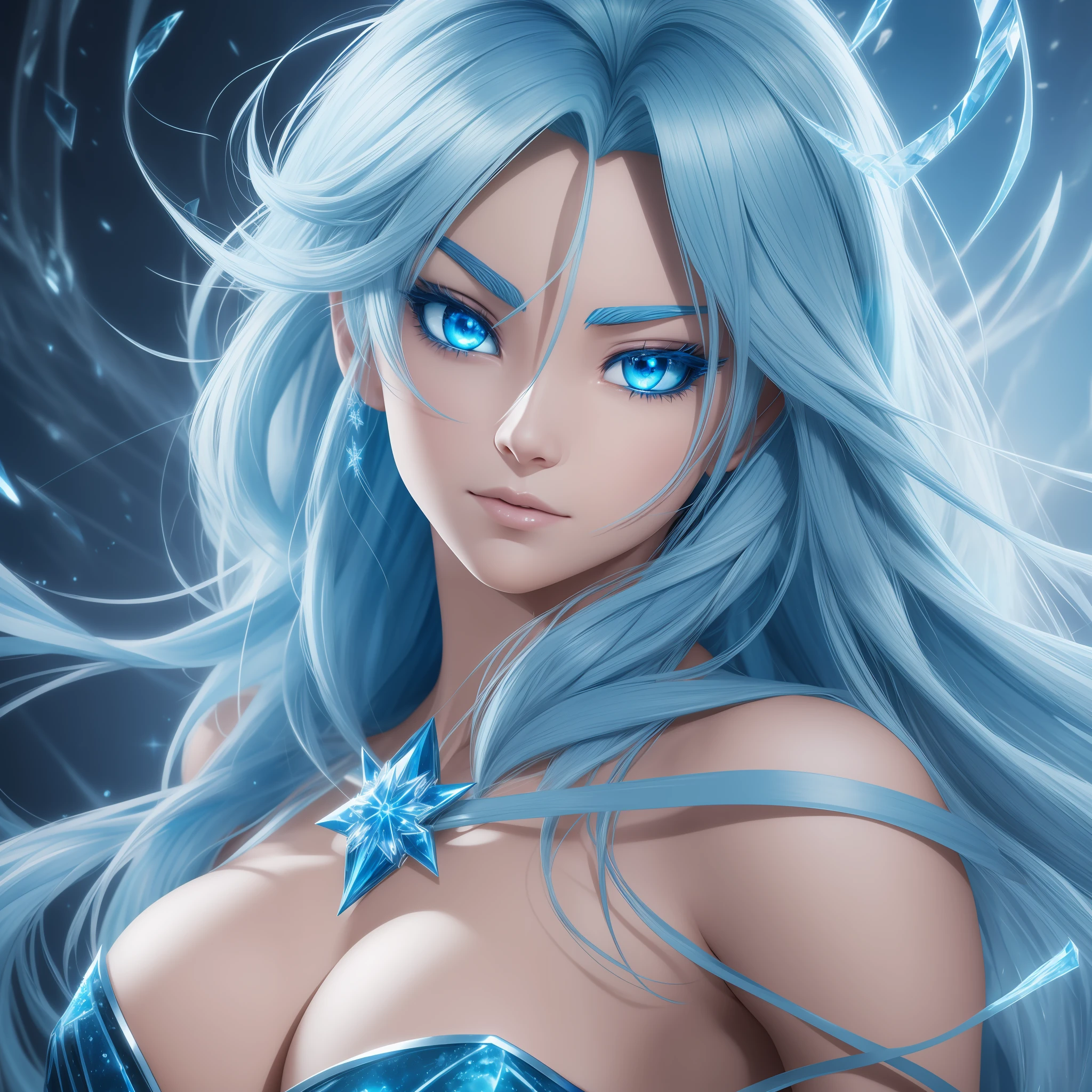masterpiece, best quality, ultra-detailed, fusion of Elsa characters from Frozen and Esdeath from Akame Ga Kill, solo, high resolution, dynamic pose, blue eyes, blue hair, beautiful face, dynamic lighting, dynamic angle, volumetric light, cinematic framing, anime style, cold atmosphere, ice magic effects)