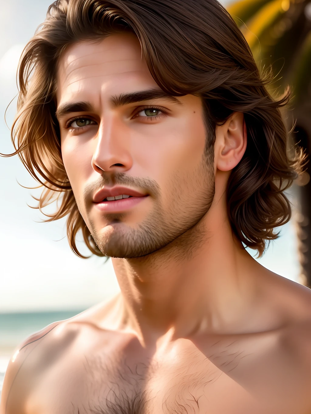 Cinematic soft lighting illuminates a stunningly detailed and ultra-realistic handsome Brazilian male supermodel, beach look, short messy windy brown hair, clear honey eyes, captivating perfect smile, sensual, hot man, insanely handsome, that is trending on ArtStation. Octane is the perfect tool to capture the softest details of this 16k photography masterpiece.