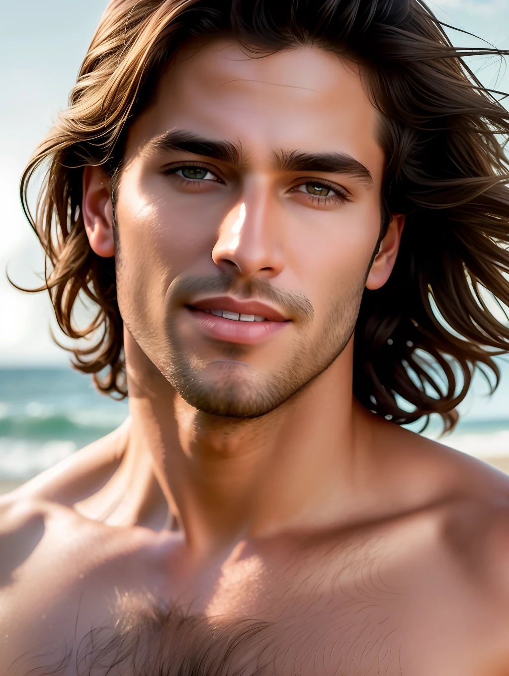 Cinematic soft lighting illuminates a stunningly detailed and ultra-realistic handsome Brazilian male supermodel, beach look, short messy windy brown hair, clear honey eyes, captivating perfect smile, sensual, hot man, insanely handsome, that is trending on ArtStation. Octane is the perfect tool to capture the softest details of this 16k photography masterpiece.