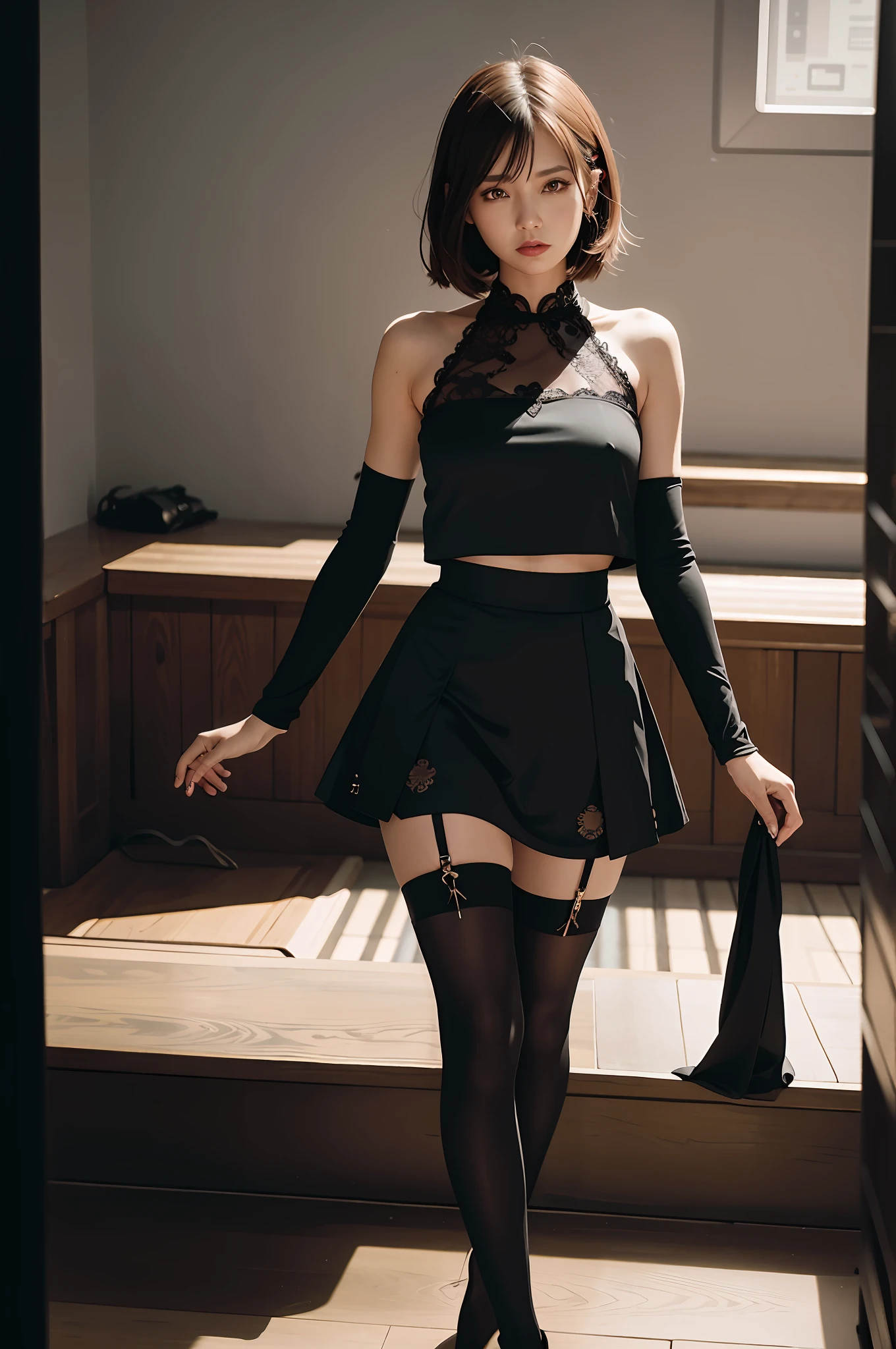 there is a woman in a short skirt and top posing for a picture, thighhighs and skirt, all black cyberpunk clothes, very sexy outfit, black outfit, 2 b, 2b, garter belt, photograph of a techwear woman, wearing modern gothic clothes, captivating and enticing, sensual gloomy style, maid outfit, cruel korean goth girl, cinematic outfit photo