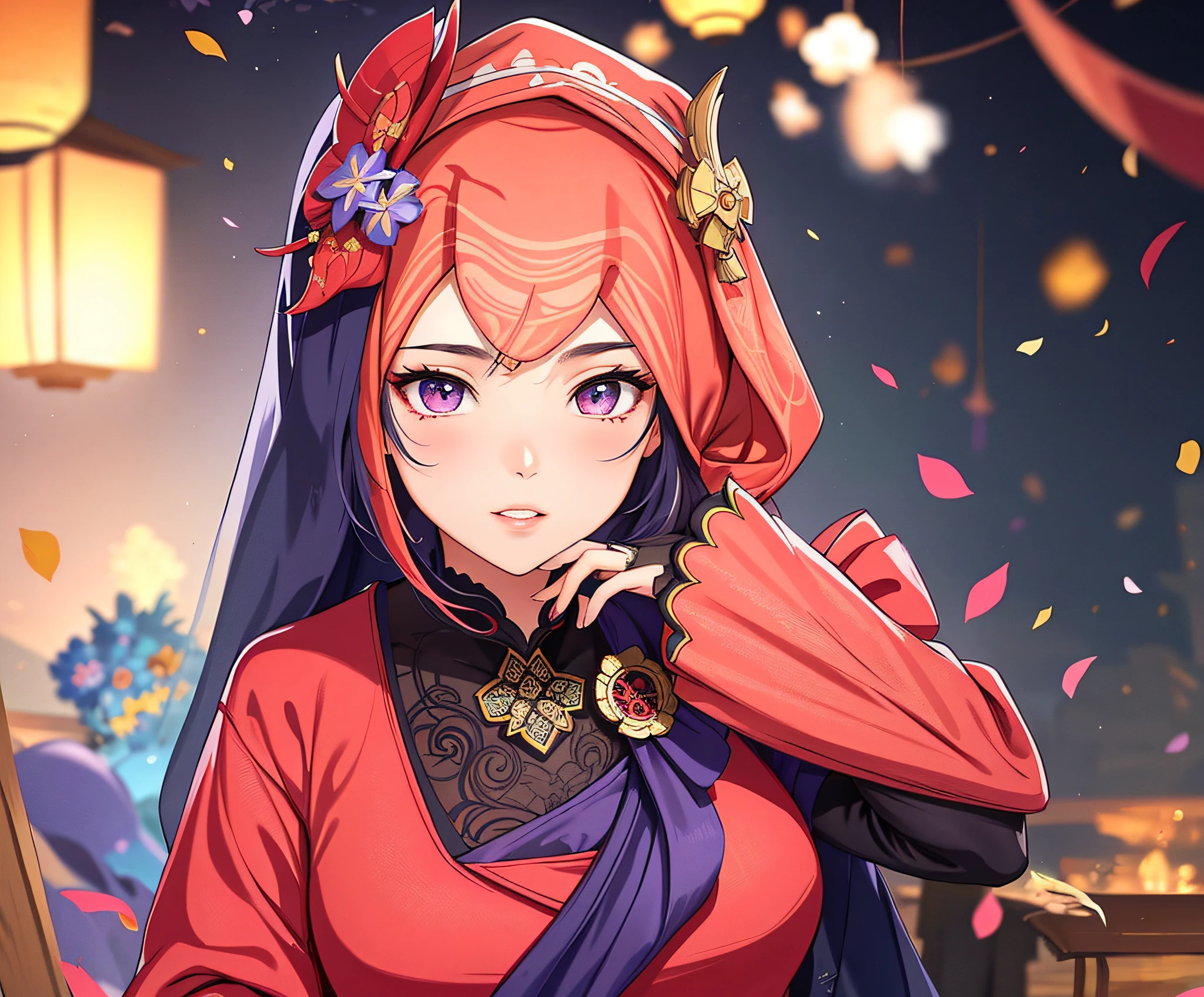 .masterpiece:1.2, best quality), realistic, (real picture, intricate details, depth of field), (1girl, solo), make up, parted lips, highly-detailed, perfect face, (skindentation), glossy coral lips, (A girl wearing Islamic clothes), blushing, Raiden Ei (Raiden shougn) from genshin impact,high-detailed hands, hijab wearing