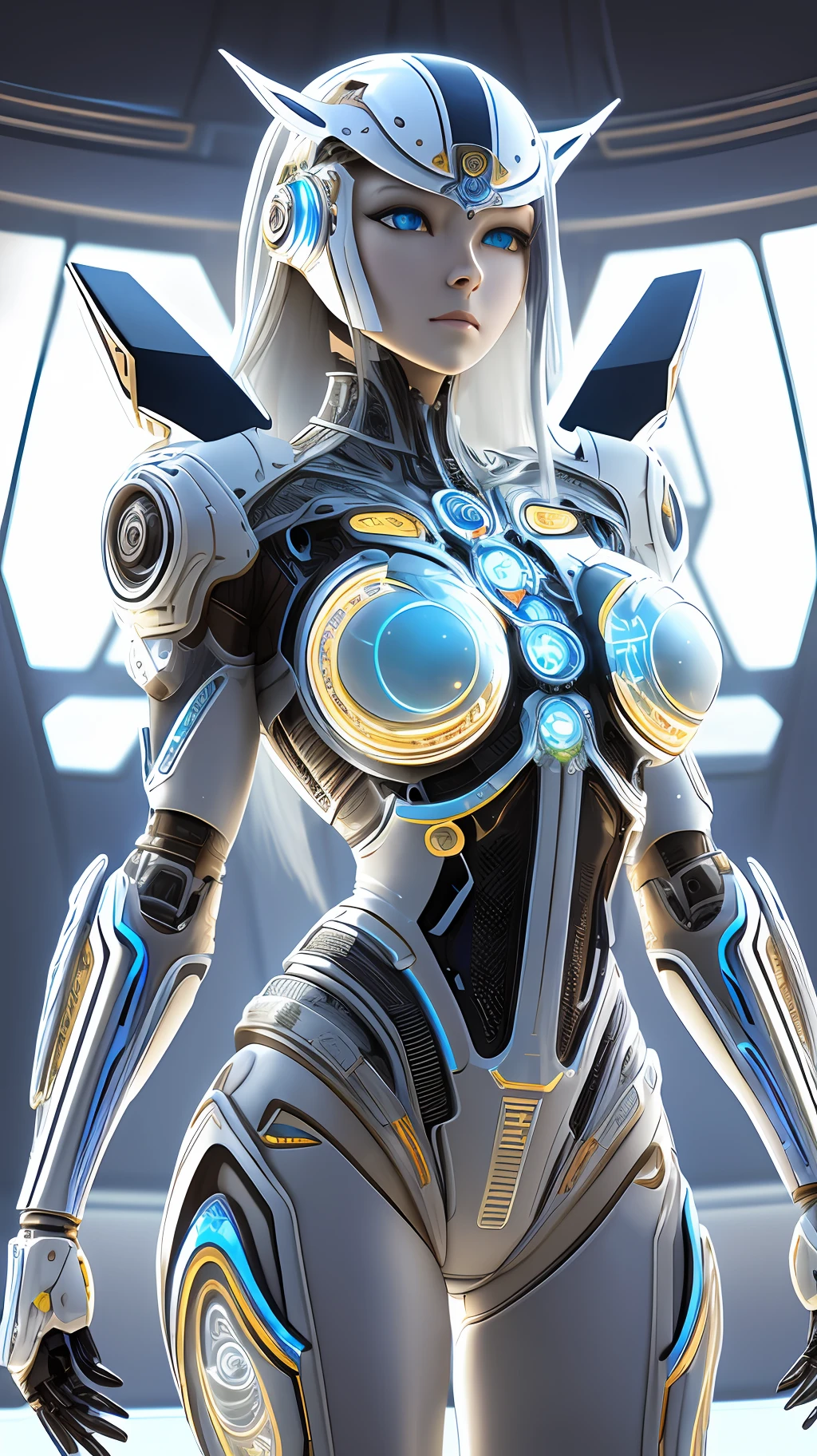 Character Sheet, complex 3d render ultra detailed of a beautiful Japanese girl android cyborg, robotic parts, beautiful studio soft light, rim light, vibrant details, luxurious cyberpunk, android body made of organic flowing white and silver transparent glass and plastic, silver metal internal body mechanisms, dynamic pose, flowing organic components, detailed engraving, lacework designs, glowing golden circuitry, art by H.R. Giger, Greg Rutowski