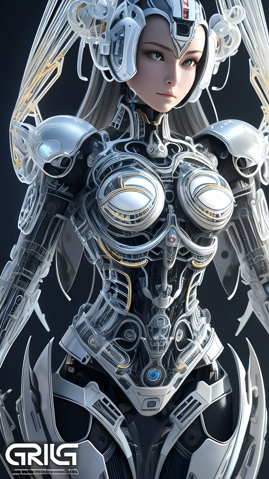 Character Sheet, complex 3d render ultra detailed of a beautiful Japanese girl android cyborg, robotic parts, beautiful studio soft light, rim light, vibrant details, luxurious cyberpunk, android body made of organic flowing white and silver transparent glass and plastic, silver metal internal body mechanisms, dynamic pose, flowing organic components, detailed engraving, lacework designs, glowing golden circuitry, art by H.R. Giger, Greg Rutowski