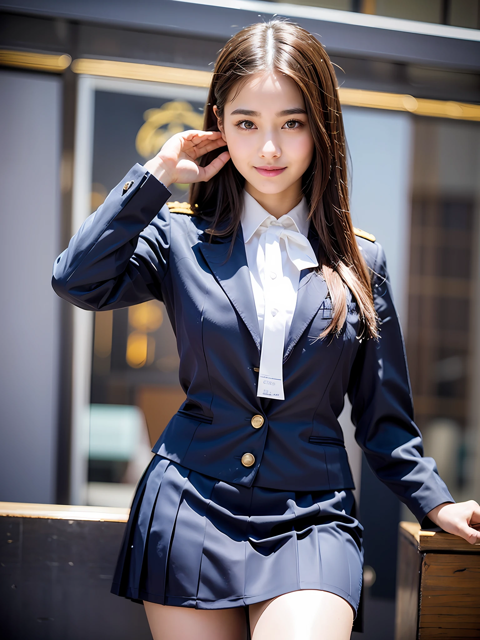 16 year old girl with perfect face and big breasts, thin face, thin eyebrows, right hand and hair, brown hair, middle hair curled hair, slim and slender physique. The skin has detailed and highly detailed eyes (1.1 emphasis), highly detailed skin texture (1.1 emphasis), necklace, model photo style, photorealistic, skin texture is real human skin texture, detailed skin pores, complex details, eyes are very detailed, cabin attendant uniform, uniform, uniform!!!、! dream uniform, very detailed uniform, skirt, knee up, attractive sexy little bit, smile, strong smile, cute pose, standing --s2